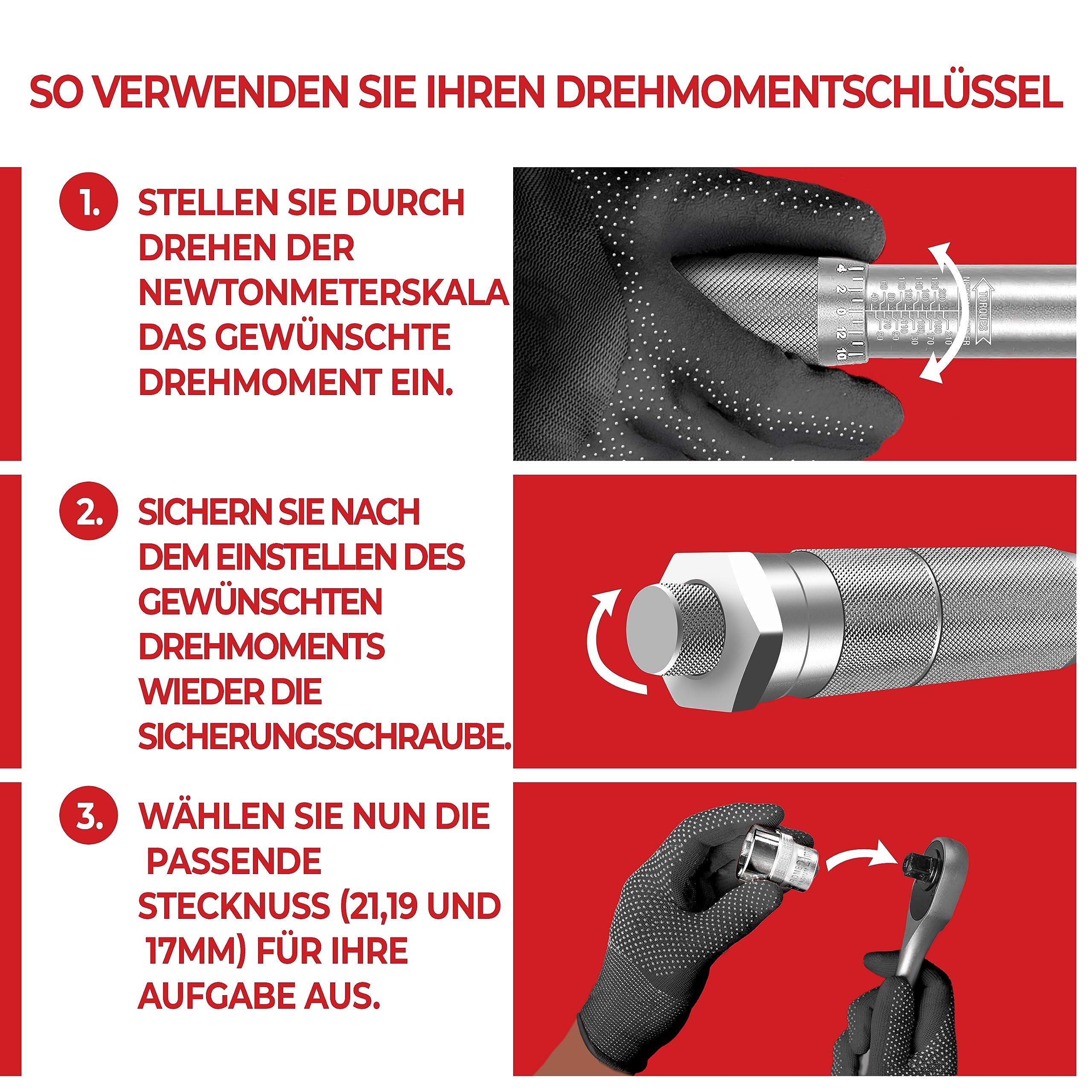 Set di chiavi dinamometriche da 1/2 di pollice - Chiave dinamometrica 40-210 N.m incl. bussole 17,19,21mm e prolunga - Chiave per dadi ruota per il cambio di pneumatici su auto,moto e camion