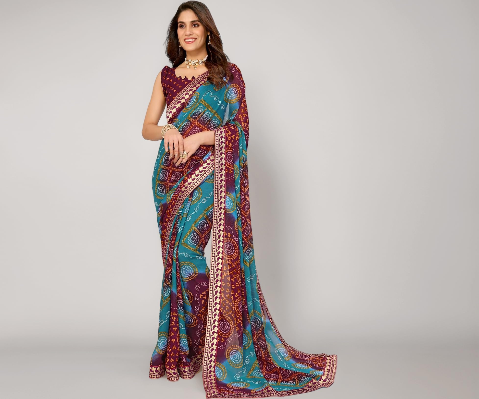 Yashika Womens latest Georgette Saree With Lace and Blouse Material