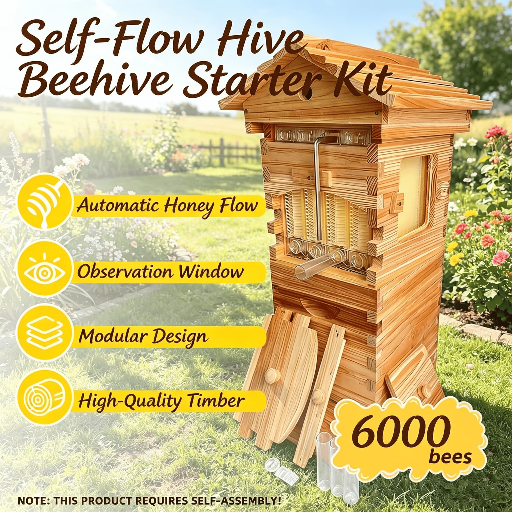 Flow Hive Imker-Starterset, Selbstfließende Bienenbox aus Holz mit Beobachtungsfenster & Honigauslauf,ideal für die Honigernte im eigenen Garten.