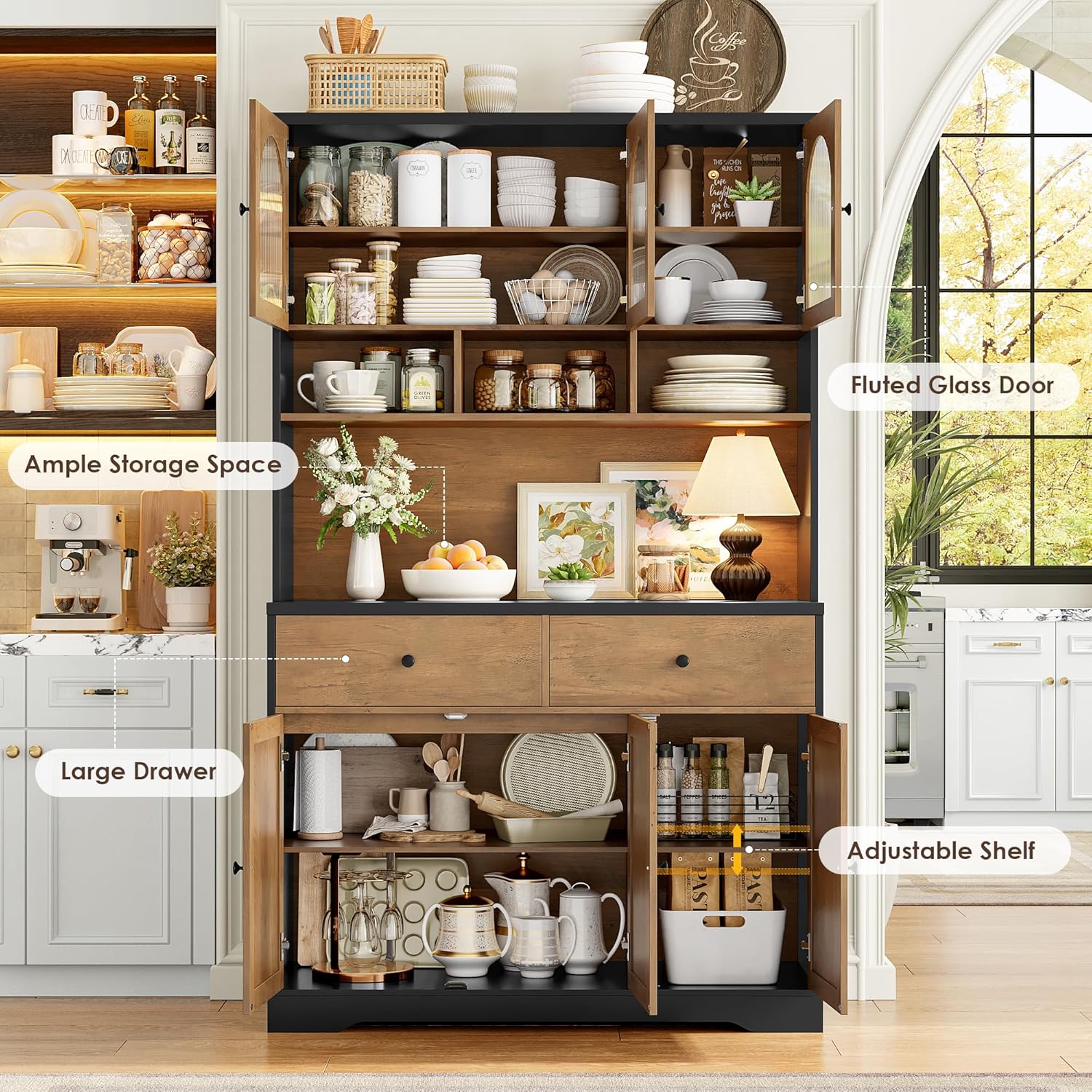 FINETONES 71" Pantry Cabinet, Tall Kitchen Pantry Storage Cabinet with Microwave Stand, Modern Kitchen Hutch Food Pantry with Open Countertop and Adjustable Shelf for Dining Room