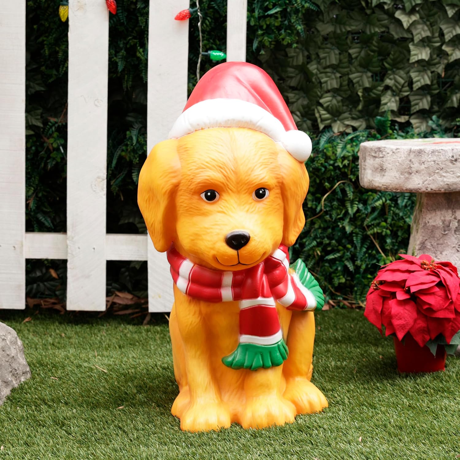 Alpine Corporation LAJ118 24" Golden Retriever Dog with Santa Hat and LED Lights, Lighted Christmas Holiday Decoration for Indoor and Outdoor Display