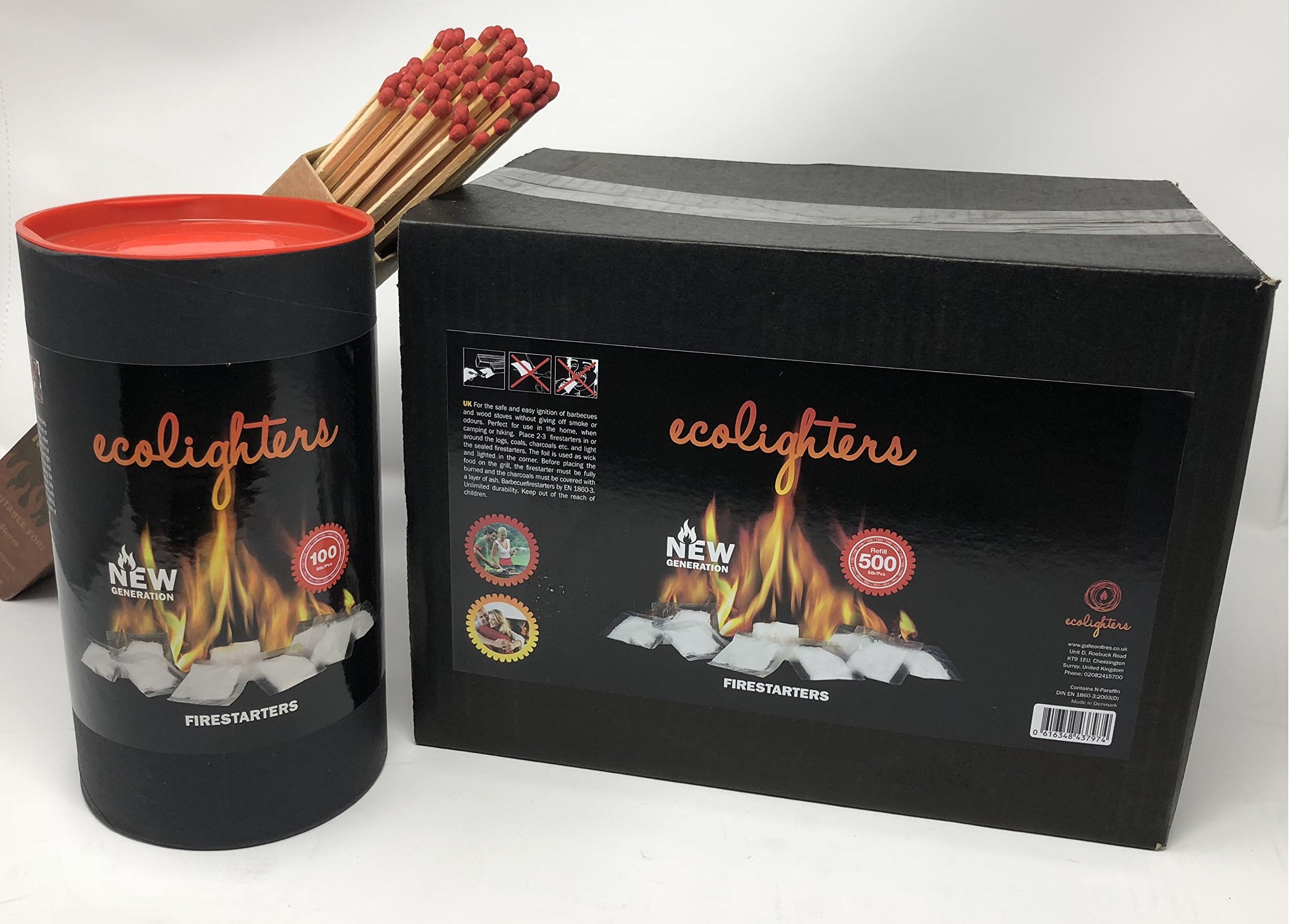 Ecolighters - 600 Firelighters with Matches - Fire Starter Sachets for Stove, Fireplaces, BBQ and Fire Pit