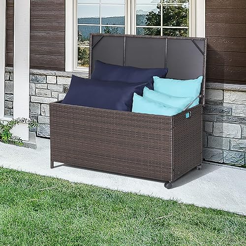 Miniatura 9 de RELAX4LIFE Caja de almacenamiento de ratán para patio, caja de almacenamiento de mimbre para todo tipo de clima de 50 galones con tapa superior,