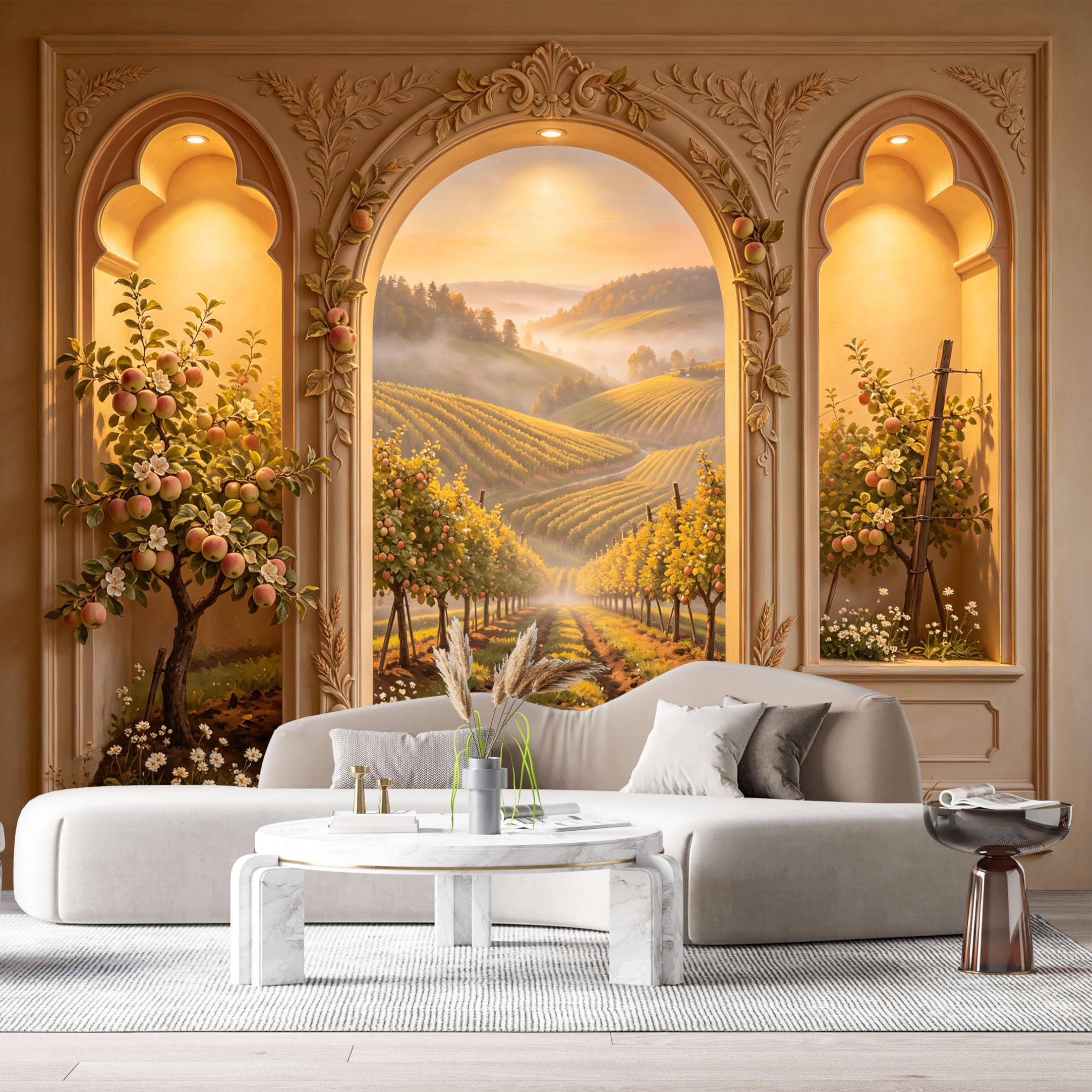 Custom Size Wall Murals Apple Orchard Vineyard Landscape Neoclassical Arch 3D Trompe L'Oeil SelfAdhesiveWall Fabric Removable Wallpaper Wall Decor for Living Room Bedroom Bathroom