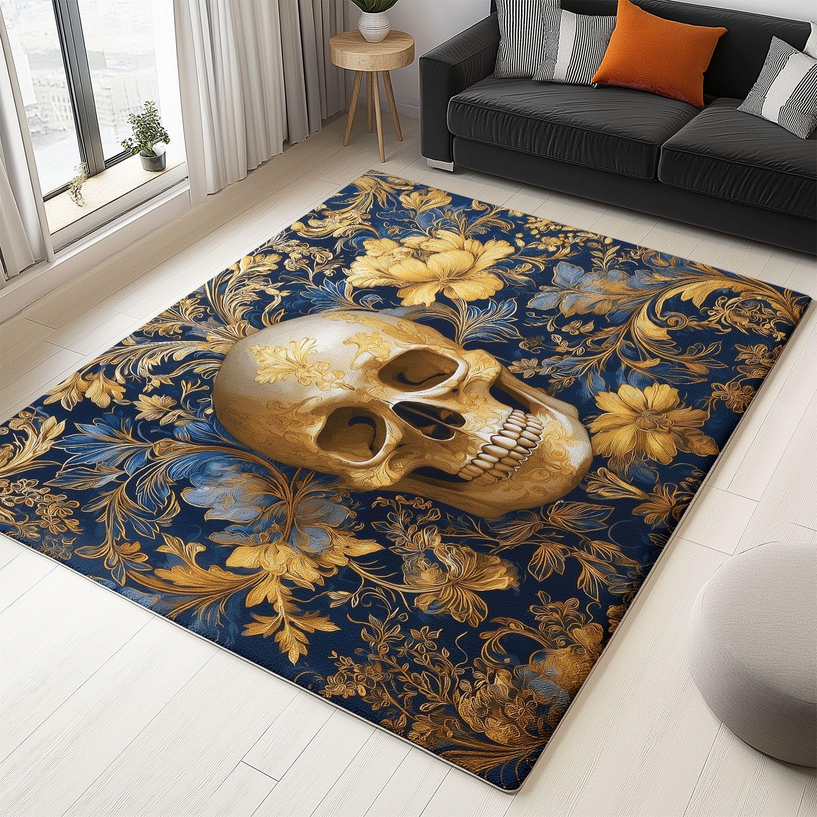 Tapis de salon gothique crâne bleu foncé 120x170 cm pour décoration moderne