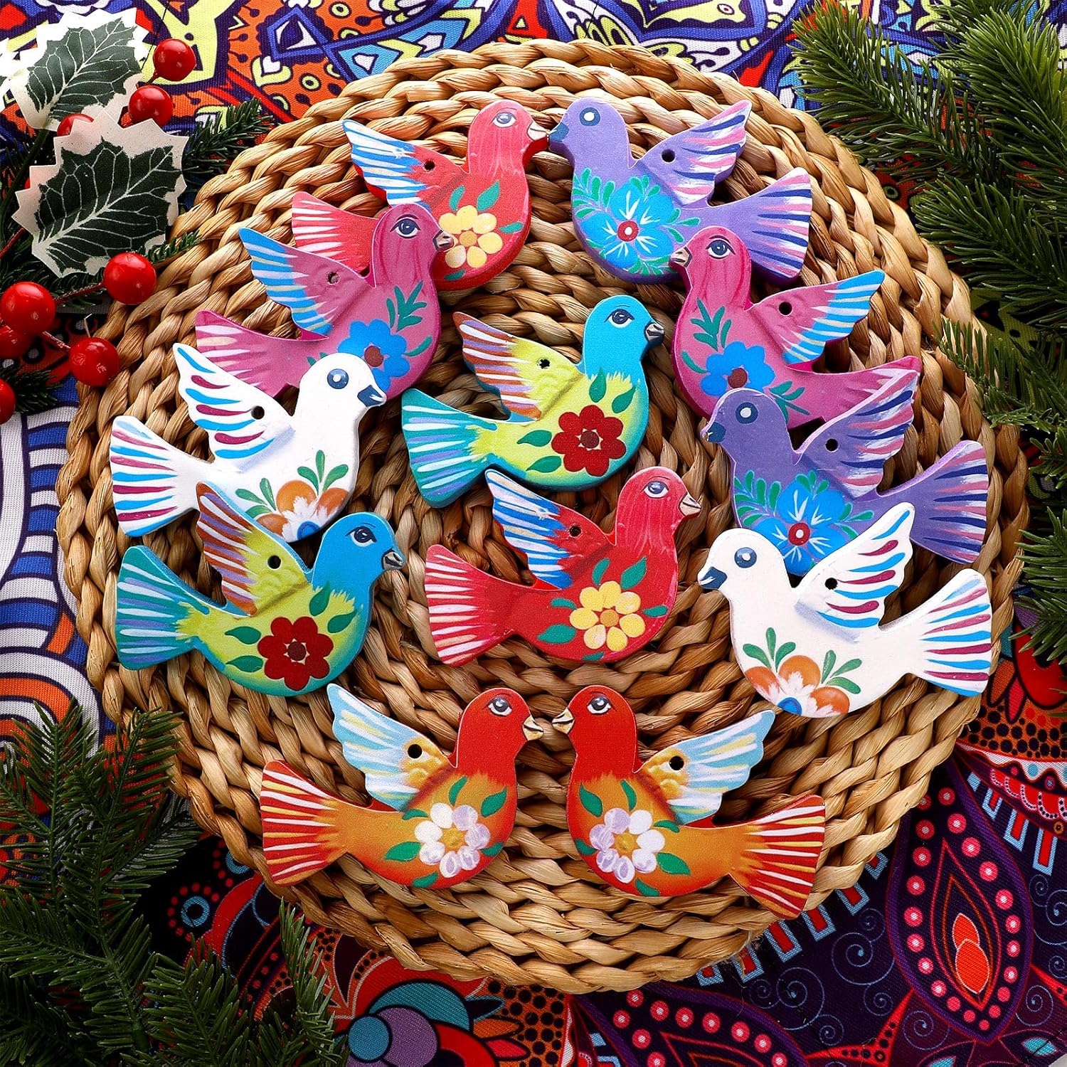 24 Pcs Christmas Mexican Ornaments Bulk Pigeon for Christmas Tree Decoration Pigeon Hanging Pendant Decorative Birds Figurine Decorations for Home Xmas Party Holiday Decor (Wood Style)