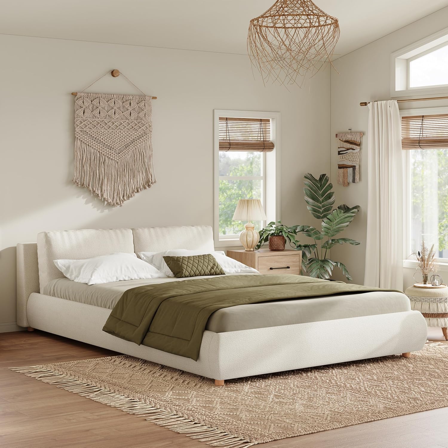 Ball & Cast Queen Size Bed Frame with Two Removable Pillow Headboard,Boucle Fabric Upholstered Platform Bed with Solid Wood Slats Support, No Box Spring Needed,Easy to Assemble,White
