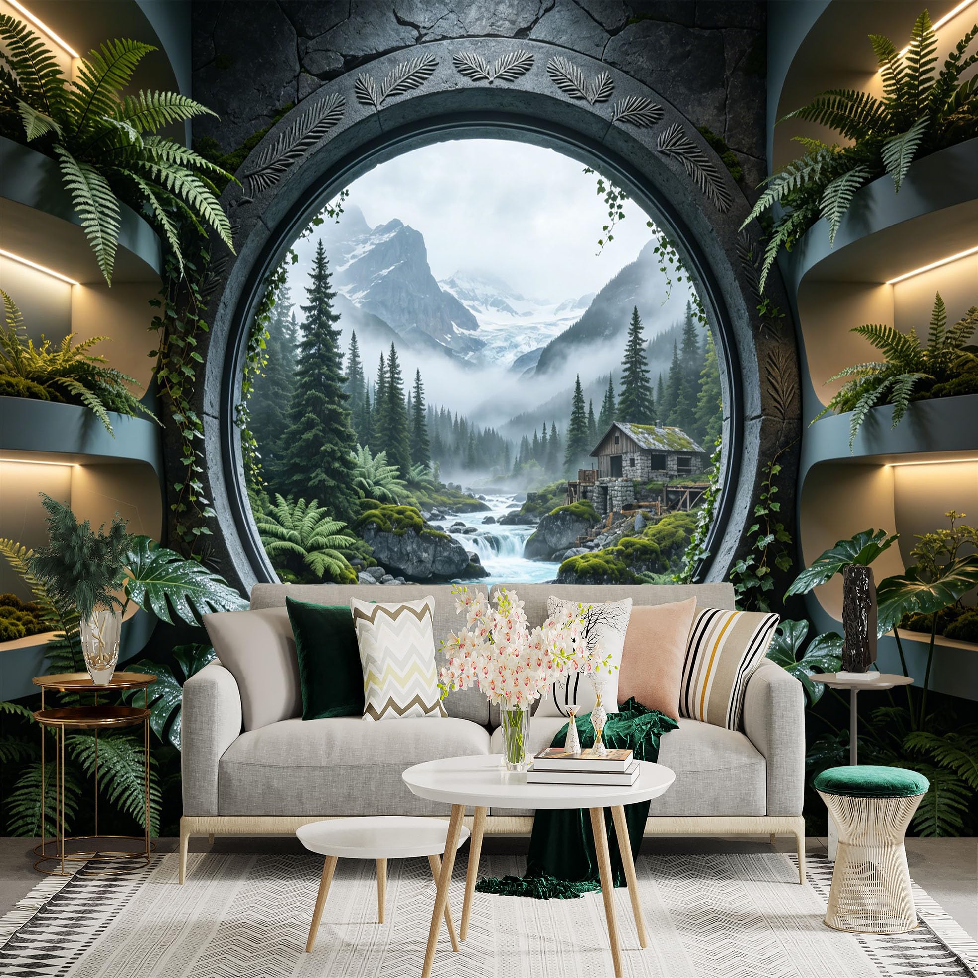 Lnzczhyre Dbh260521488 Custom Size Wall Sticker Mural， Circular Window View Of Misty Mountains， Forest River Cabin， Lush Greenery Foliage， Serene Nature Landscape， For Wall Decoration， Peelandstick Wall Decals.