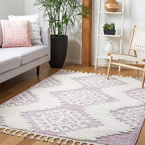 SAFAVIEH Moroccan Tassel Shag Collection 9' x 12' Pink/Ivory MTS652U Boho Rustic Diamond Trellis Non-Shedding Living Room Dining Bedroom 2-inch Thick Area Rug