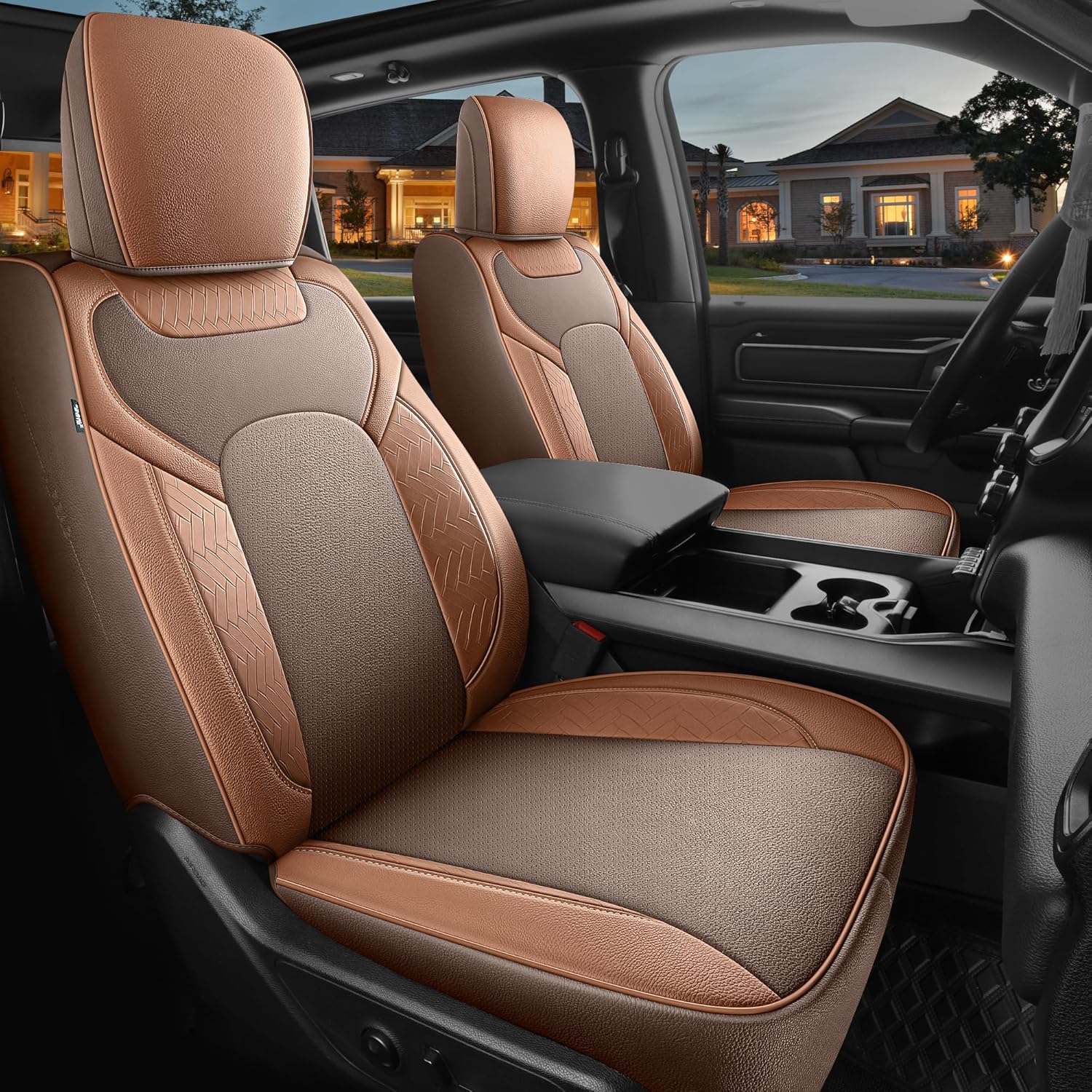 Red Rain Brown Leather Dodge Ram 1500 Seat Cover 2019 to 2025 Crew, Mega Cab, Luxury Custom Fit Car Seat Cover with Flat Bench (Dodge-Brown+Orange-2019/2025)