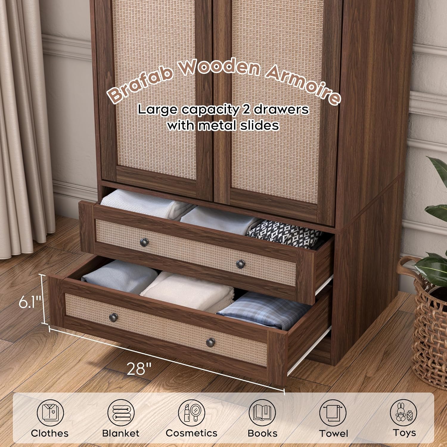 Close-up image of the two large-capacity drawers with metal slides, showing folded clothes and other items stored inside.