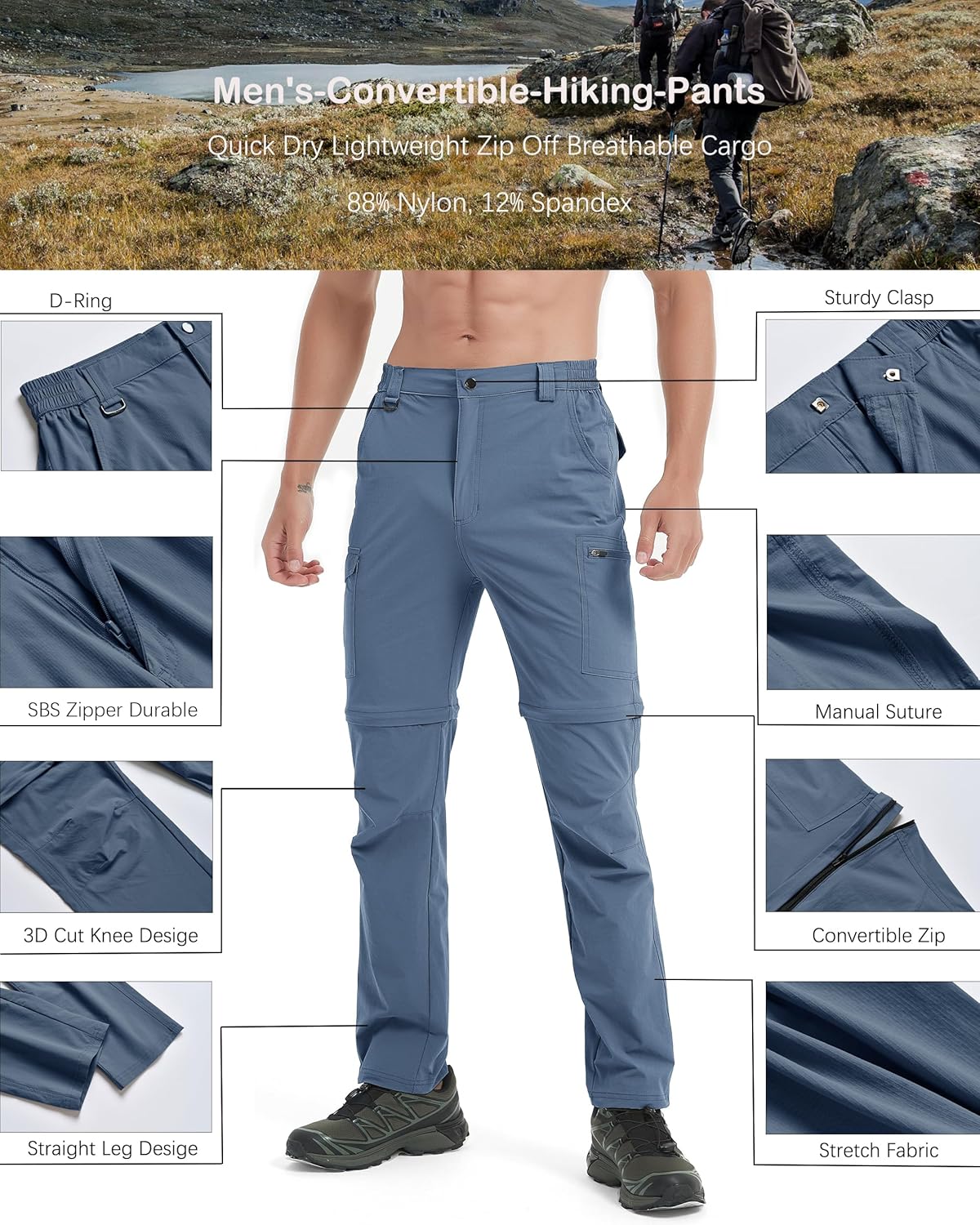 Men's Hiking Convertible Zip Off Pants Outdoor Waterproof Quick Dry Lightweight Fishing Safari Travel Cargo Work Pants - Image 4