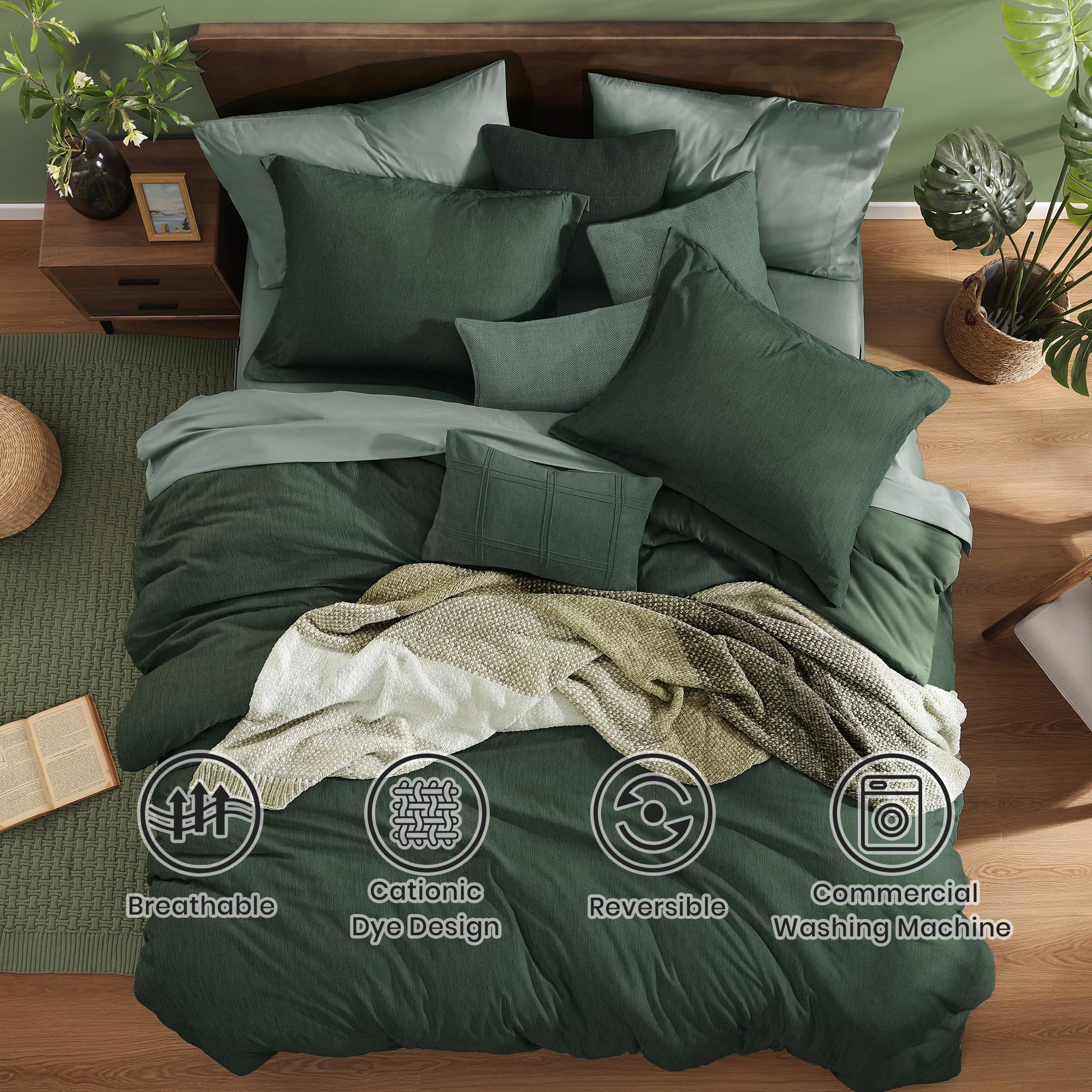 Monbix Queen Comforter Set - 7 Pieces Cationic Dyeing Olive Green Bed in a Bag Queen Bedding Sets with Comforter, Sheets, Pillowcases & Shams, Reversible Bedding Comforters Sets: Deep Forest 7Piece-Full(80”X90'')