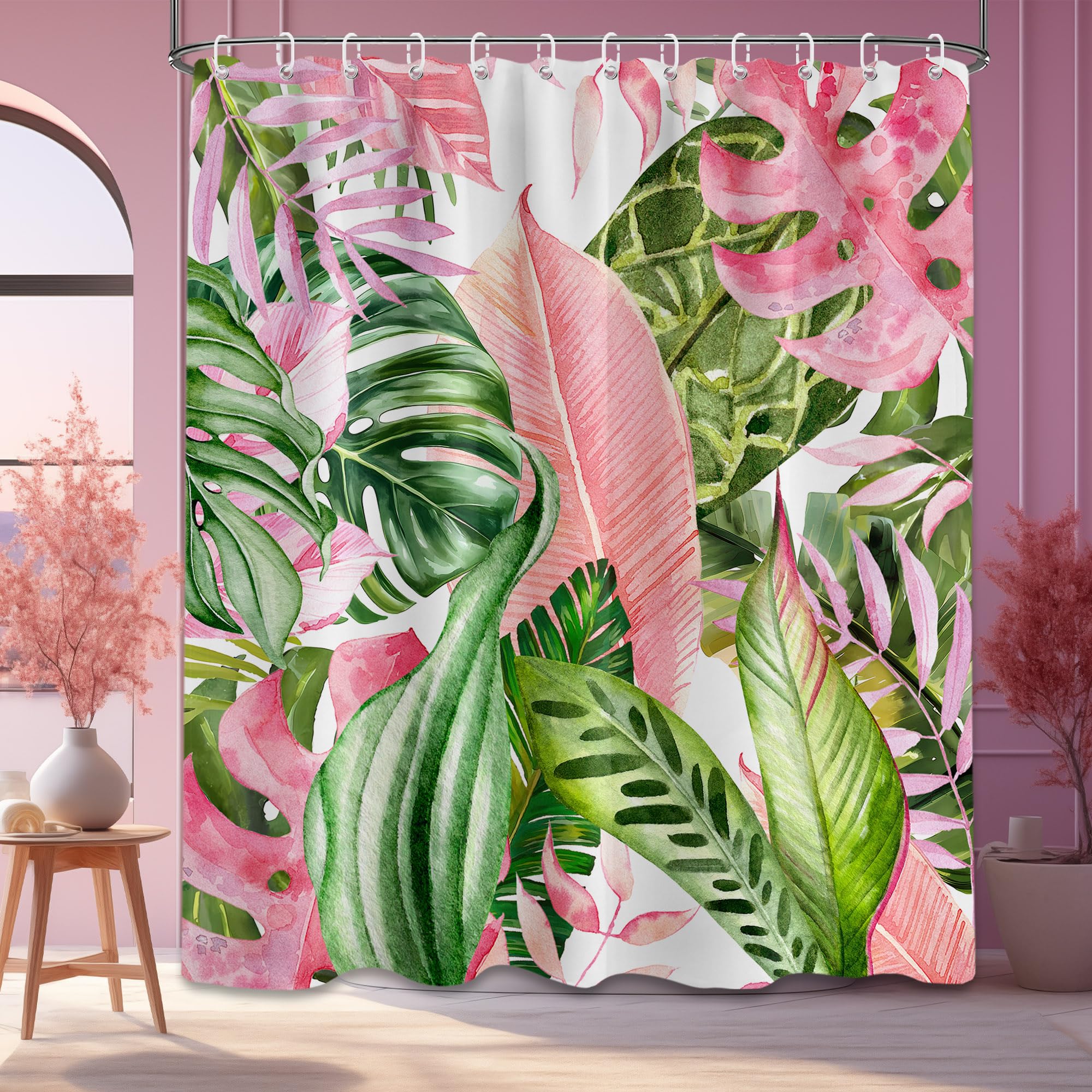 LanZanthic Pink Green Leaf Tropical Shower Curtains for Bathroom Leaves Jungle Plant Wet Room Shower Curtain with hooks, Mould Proof Resistant, Waterproof, Washable, Fabric, 180 x 180 cm