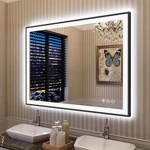 Vista 78 de 88x38 Large Light Bathroom Mirror - Backlit and Front Lighted LED Wall-Mounted Vanity Mirror Modern Rectangle Black Mirror, Dimmable, Anti-Fog