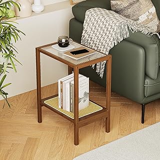 Bamworld Rattan Side Table Living Room Glasstop Night Stand Boho End Tab...
