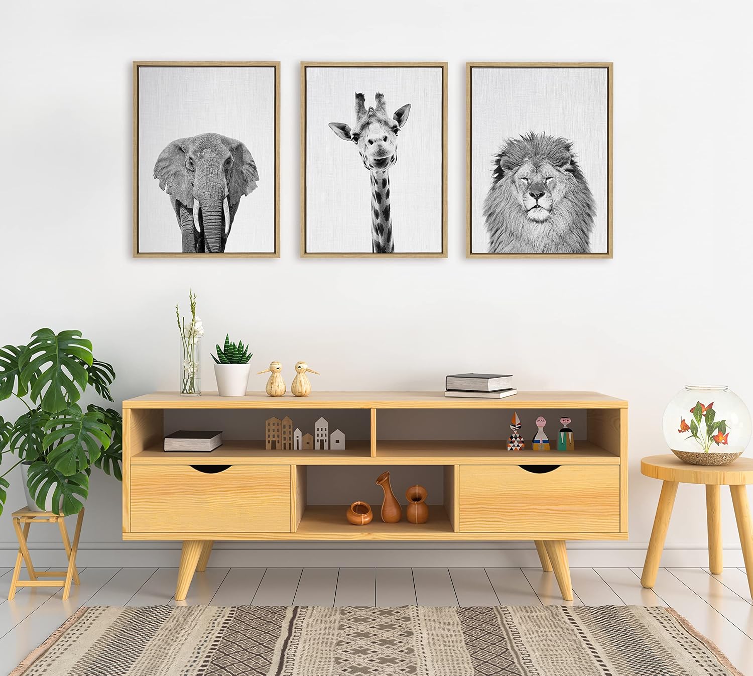 Kate and Laurel Sylvie Elephant; Giraffe and Lion Framed Canvas Wall Art Set by Simon Te of Tai Prints; 3 Piece Set 18x24 Natural; Black and White Safari Animal Wall Décor