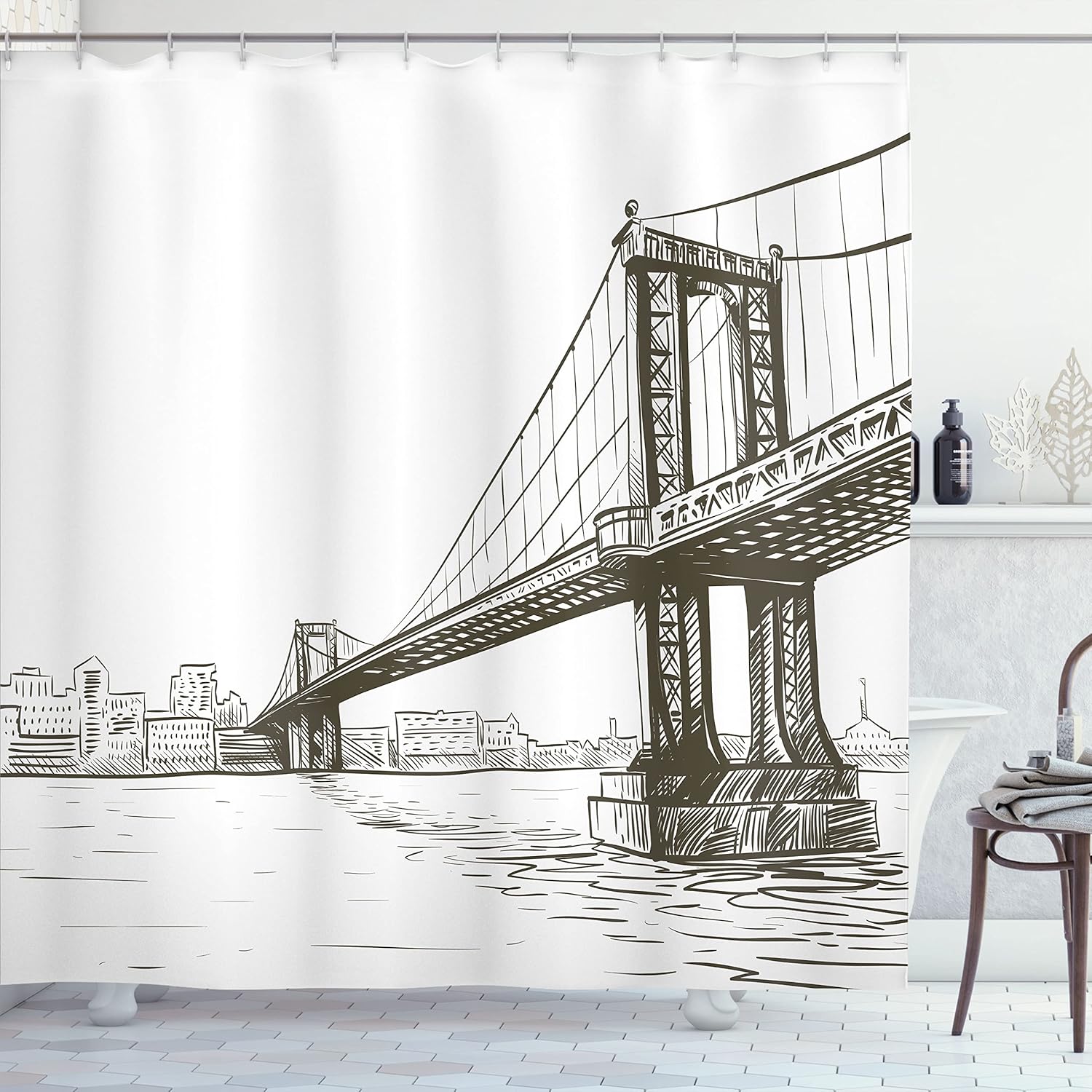 Ambesonne New York Shower Curtain, Digital Drawn Brooklyn Bridge Unusual Graffiti Style Old Urban Cityscape Print, Cloth Fabric Bathroom Decor Set with Hooks, 69" W x 84" L, Brown White
