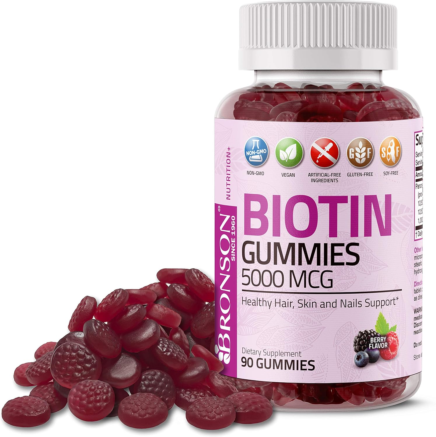 Bronson High Potency Biotin Gummies 5000 mcg Natural Hair Skin & Nails, Vegan Pectin-Based Non-GMO