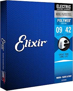 Elixir Strings, Electric Guitar Strings, Nickel Plated Steel with POLYWEB Coating, Longest-Lasting Warm Tone with Comfortable Feel, 6 String Set, Super Light 9-42