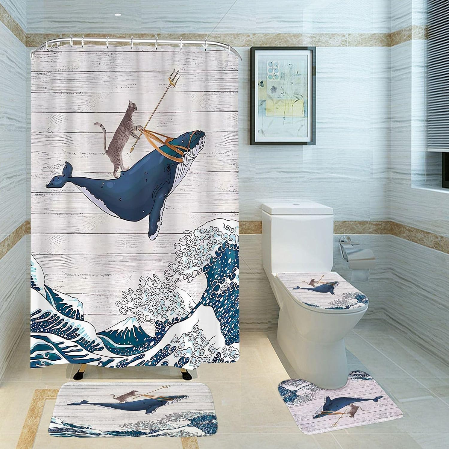 LWLWL Waterproof Shower Curtain cat Riding Whale Shower