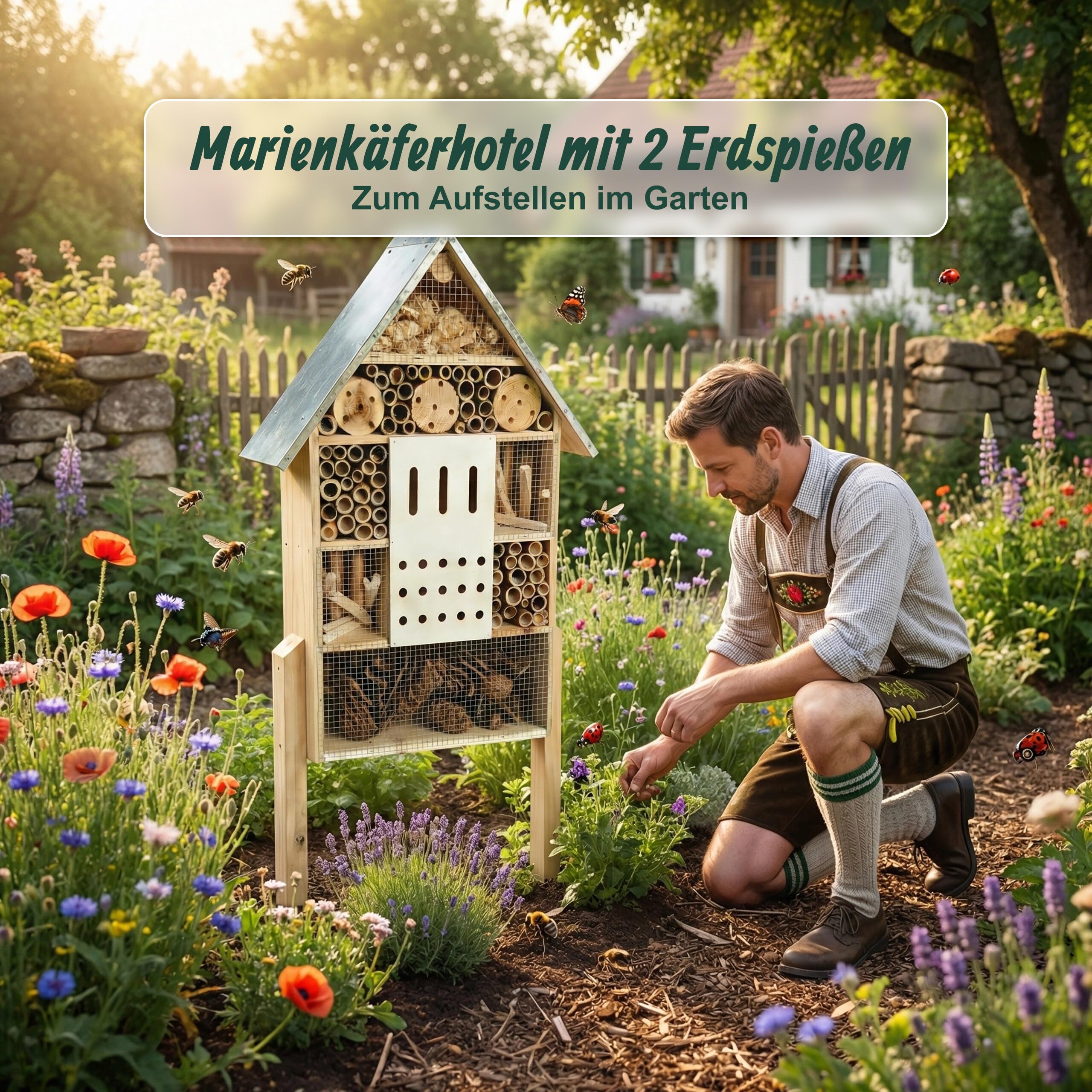 Relaxdays Insektenhotel mit Ständer, Holz, wetterfestes Metalldach, HxBxT: 77 x 38 x 10 cm, Insektenhaus, Natur/Silber