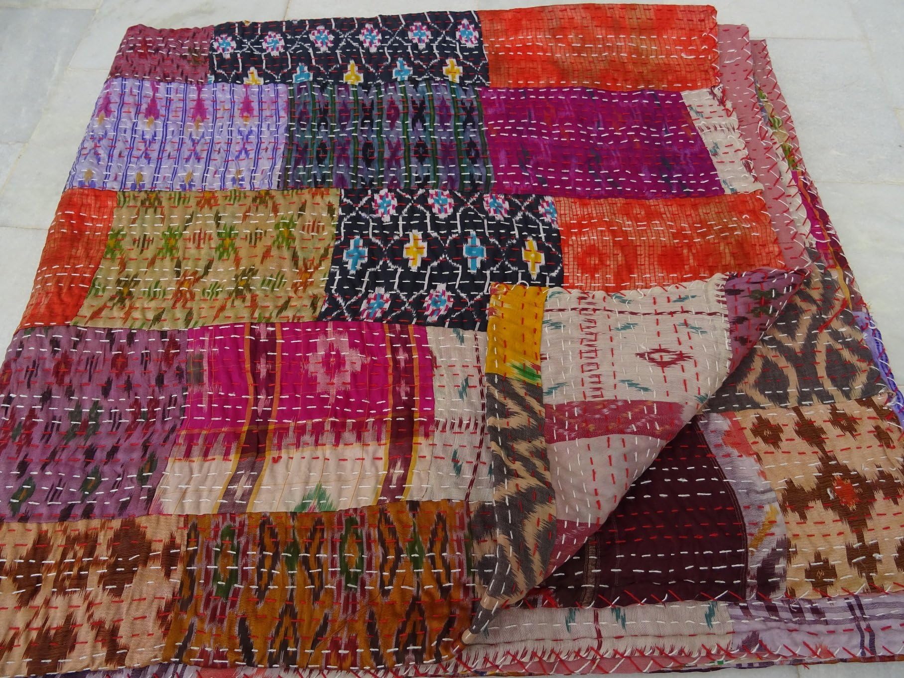 Tribal Asian Textiles Vintage Quilt Old Patola Indian Silk Sari Kantha Quilted Patchwork Bedspread Bohemian Kantha Throws, Gudari Handmade
