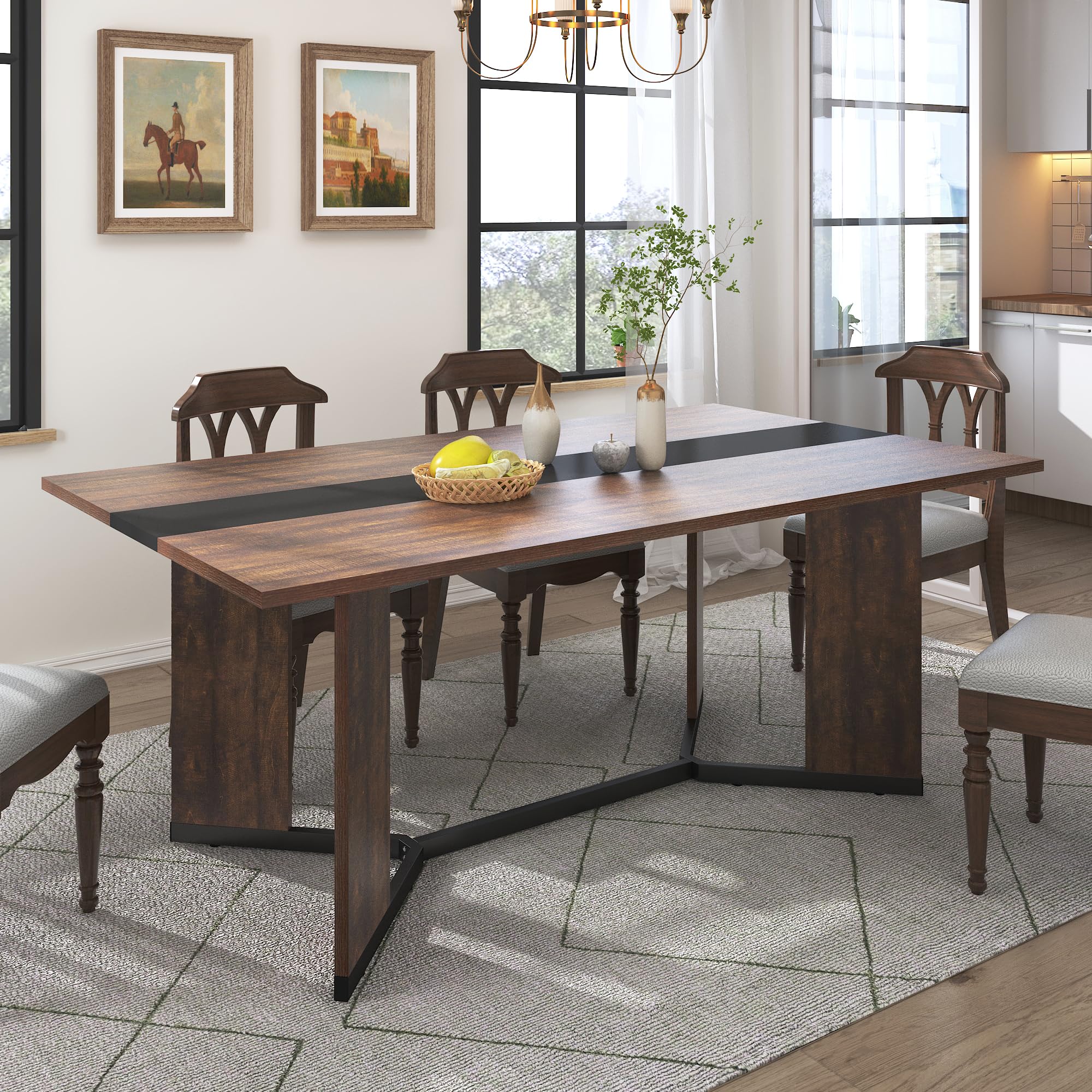 63 Inch Dining Table for 4 People,Modern Brown Rectangular Kitchen Table W/Waterproof Wood Tabletop,Farmhouse Long Dining Room Tables W/Adjustable Legs&Metal Frame for Kitchen Living Room