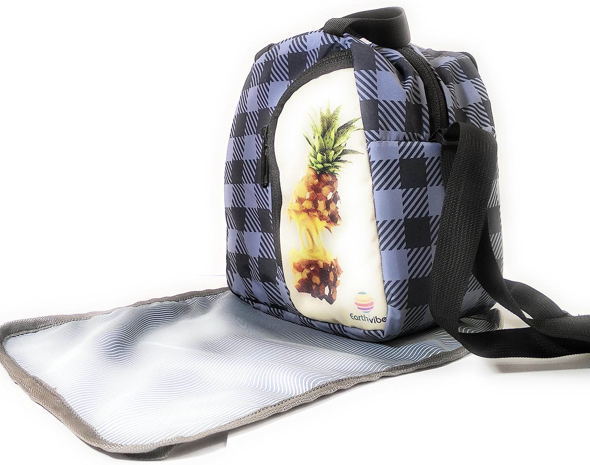 Combo Lunch Tote Bag Free Mat Insulated Sling Shoulder Strap Zipper Waterproof Bottle Holder Kids,Adults,Women-Checks 1