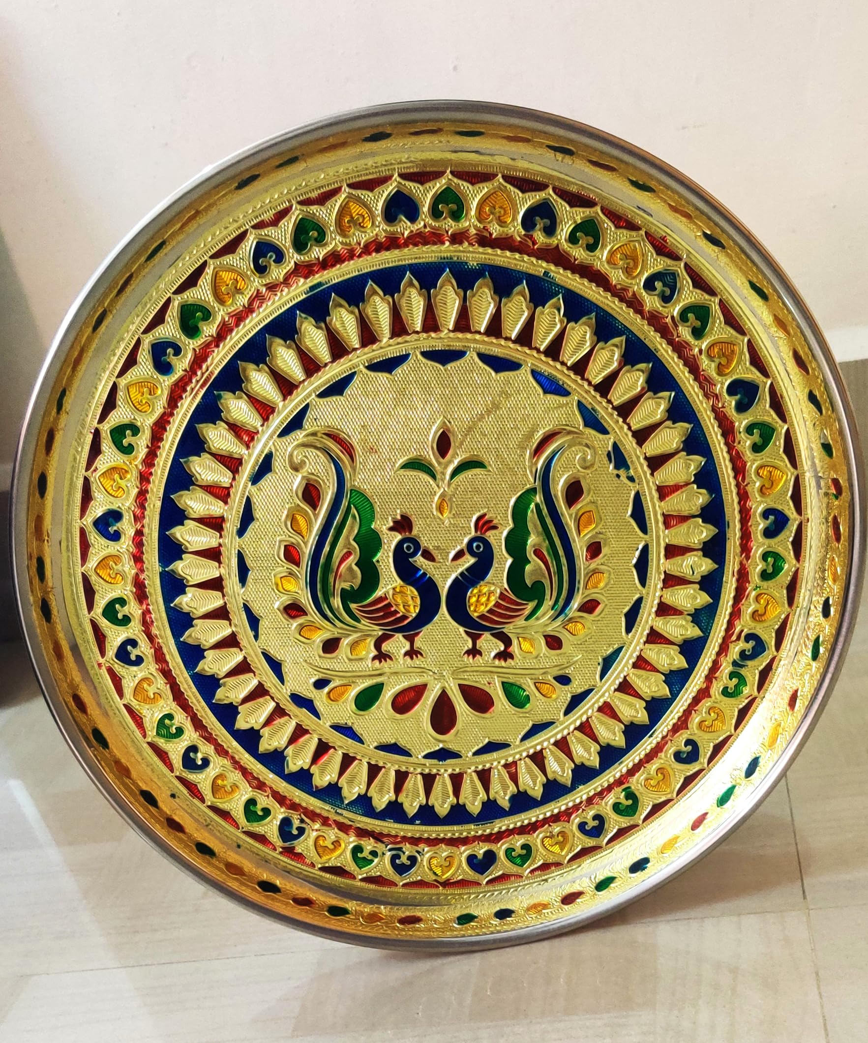 Betterminds Pooja thali Return Gifts Women, Aarti Plate for Pooja, Meenakari Stainless Steel Plate-11 inch