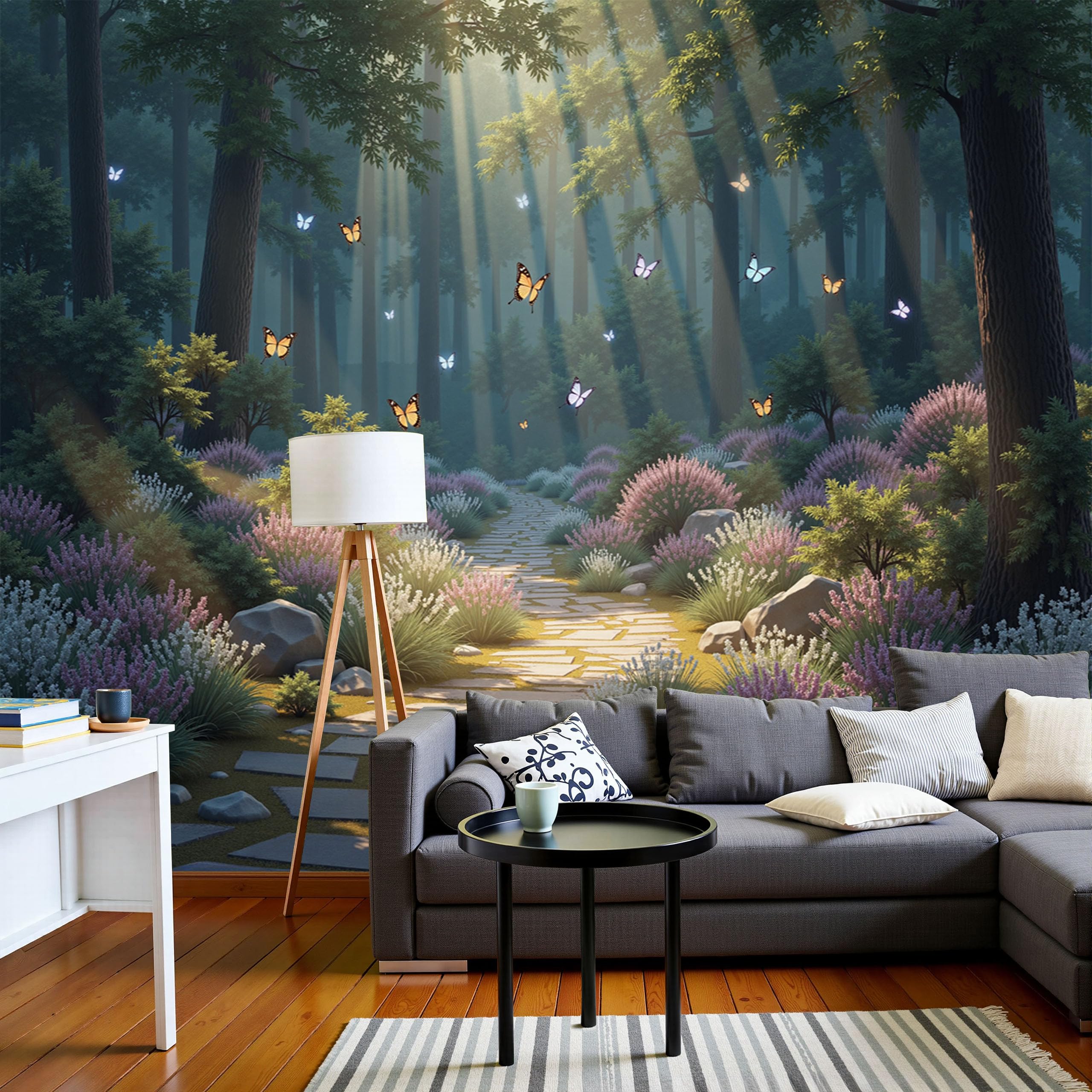 Papier peint papillons rêveurs et forêt ensoleillée pour une déco poétique
