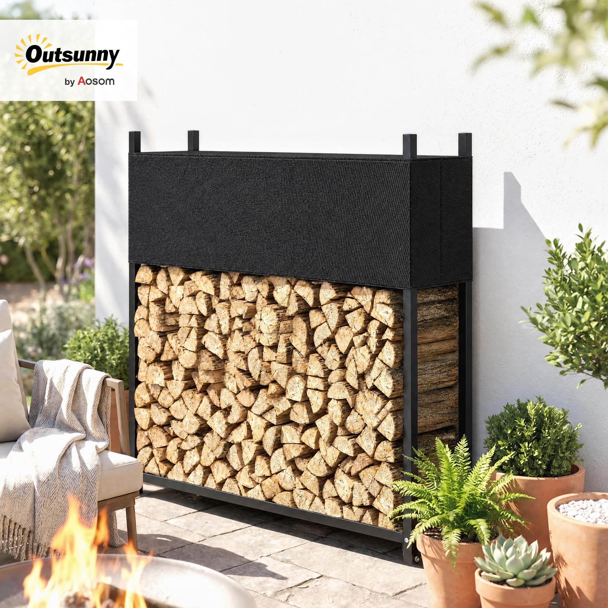 Outsunny Scaffale legna con copertura Oxford 600D, 106x25x113 cm, nero