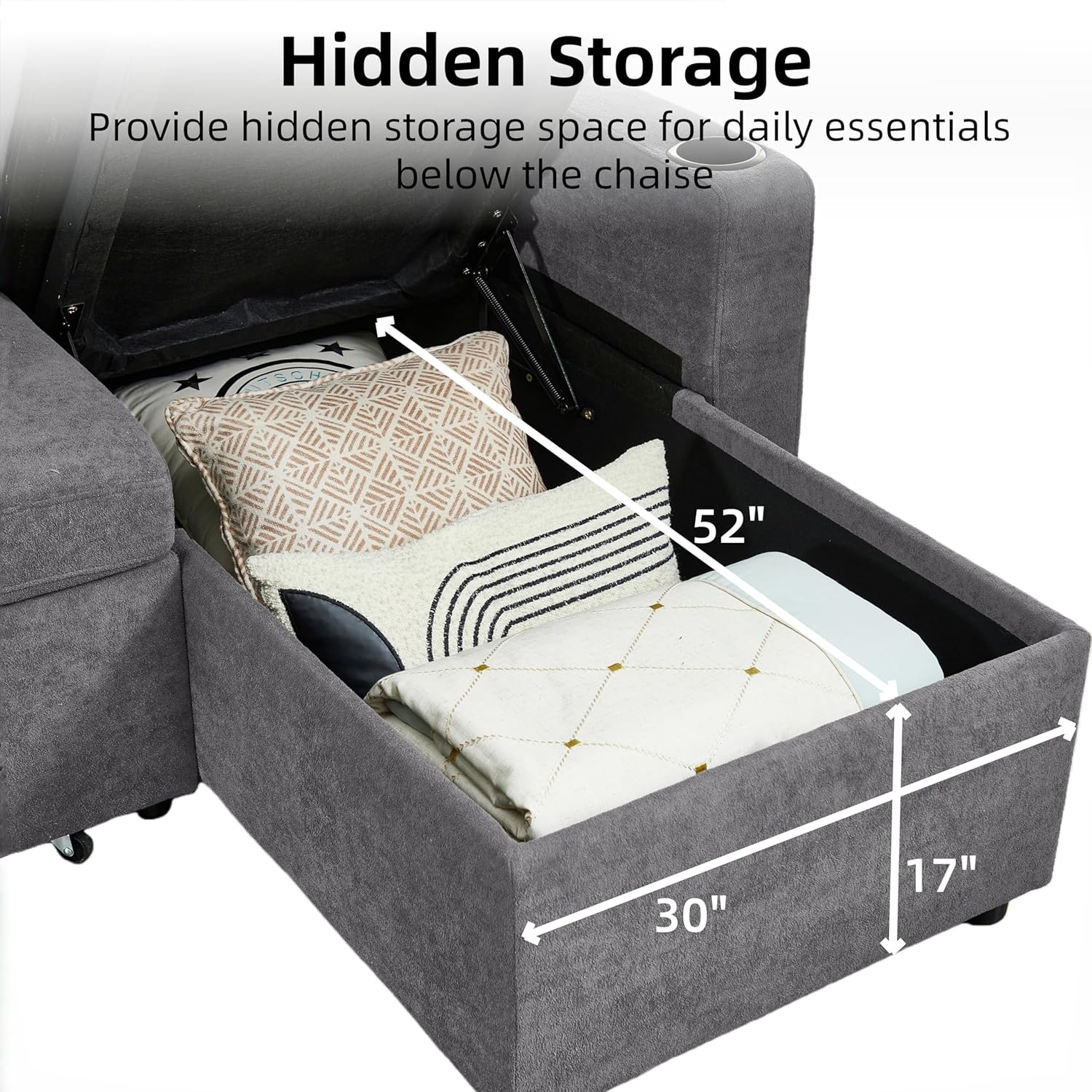 Convertible Sleeper Sofa Bed with Pull Out Couch, L Shaped Couch with Chaise Storage, USB Charge & Cup Holder, Small Sectional Couches for Living Room, Apartment | Terry Cloth | 82" | Light Grey