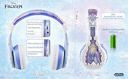 Miniatura 6 de eKids Disney Frozen 2 auriculares Bluetooth con micrófono, volumen reducido para proteger la audición, auriculares inalámbricos ajustables para la
