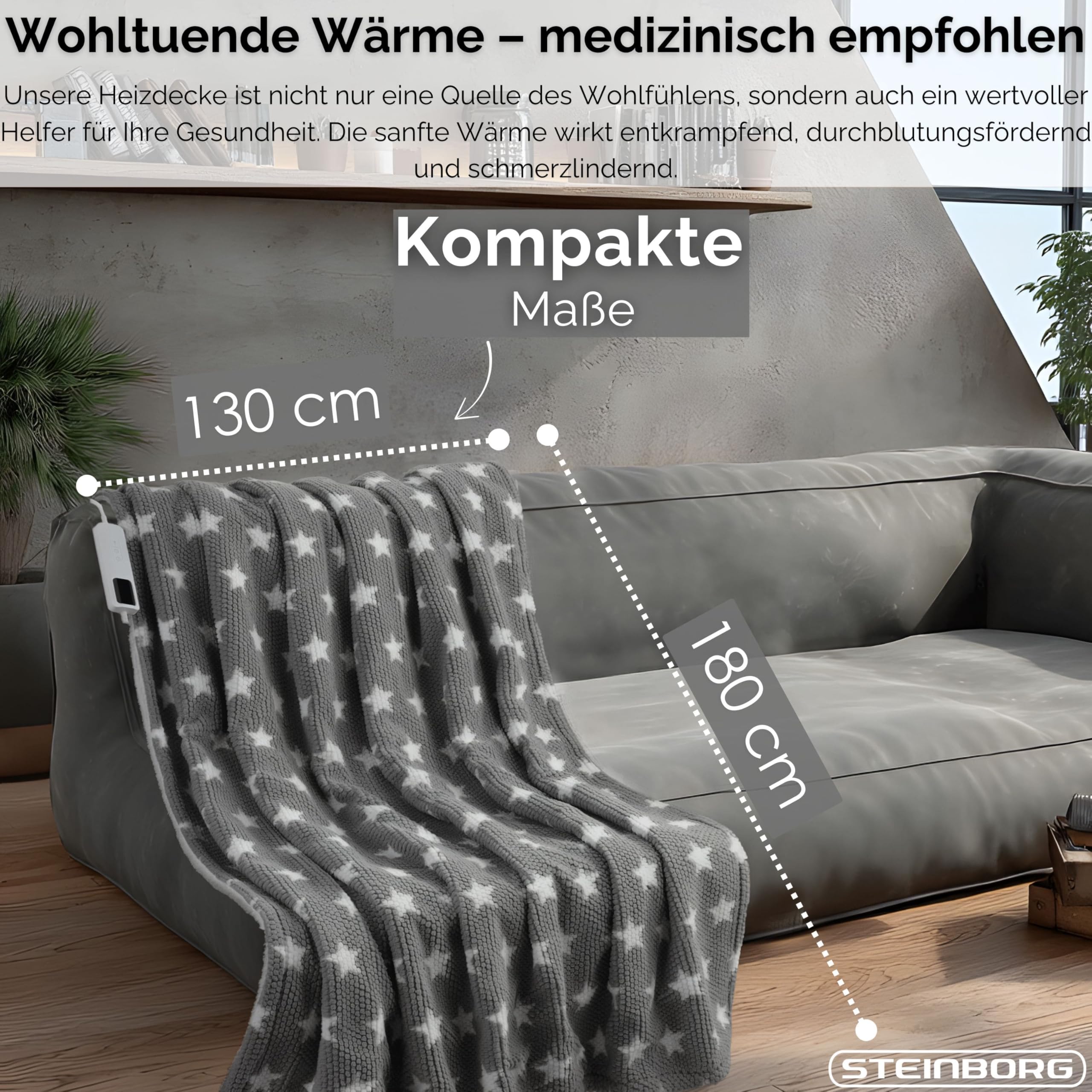 Steinborg® Heizdecke mit Abschaltautomatik 180x130cm Kuschelheizdecke elektrische Wärmedecke Kuscheldecke Bett Sofa Wärmezudecke Thermodecke Elektro-Wärmedecke Wärmebettdecke 9 Stufen waschbar