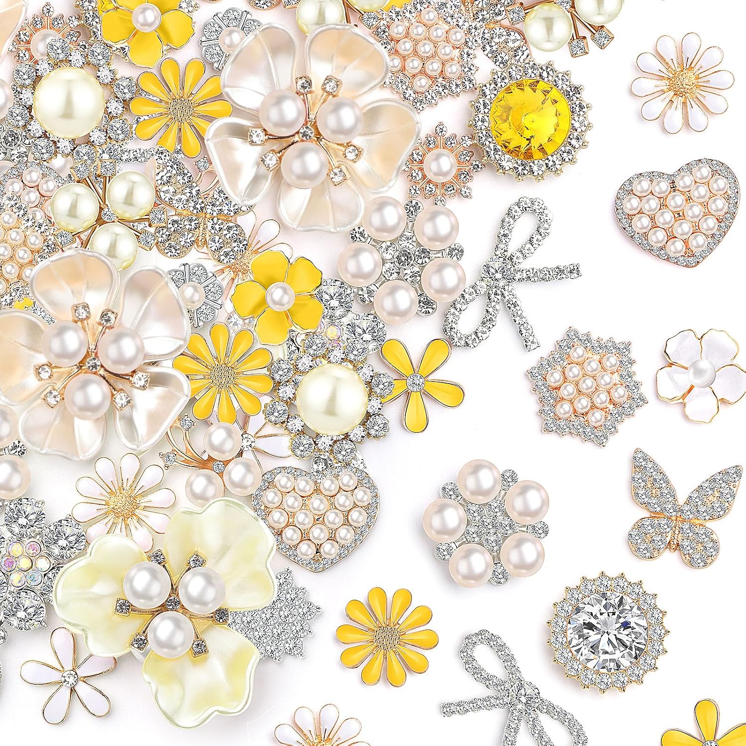 Giegxin 48 Pcs Rhinestone Flower Buttons Craft, Yellow White