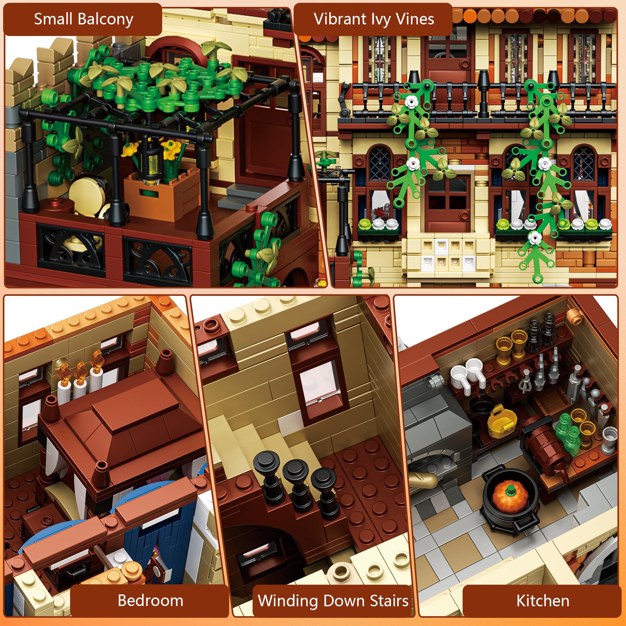 kiothdre Set Costruzione Casa Balcone Verona, 3800PCS Kit Architettura Rinascimentale Italiana con Villa 3 livelli, Balcone e Viticci Edera, Blocchi Costruzioni Grandi per Adulti Adolescenti- Regali