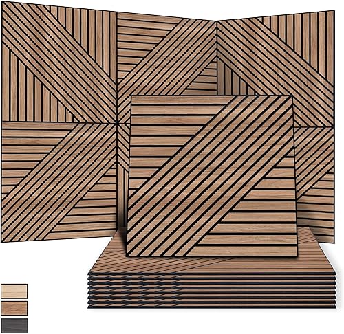 Miniatura 12 de WoveN SounD Paneles de pared acústicos artesanales, 24 x 24 pulgadas, paquete de 8 unidades, chapa de madera tallada a prueba de sonido, Linear
