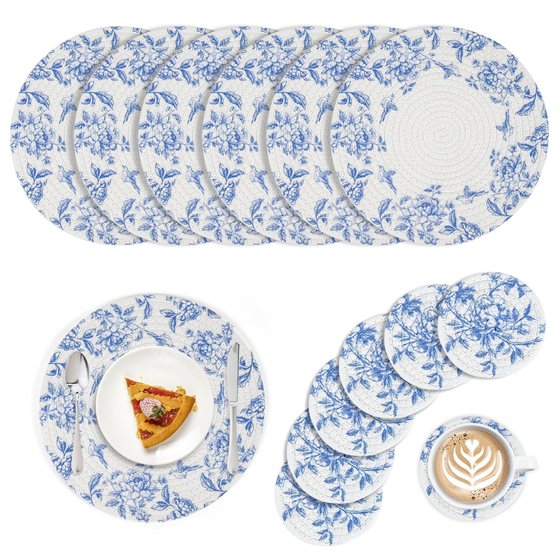 Chinoiserie Gewebte Platzsets, Untersetzer, Set mit 6 Stück, Blumenmuster, rund, Baumwollseil, Platzsets, Großpackung, blau und weiß, Tischsets, florales hitzebeständiges Tischset für Zuhause