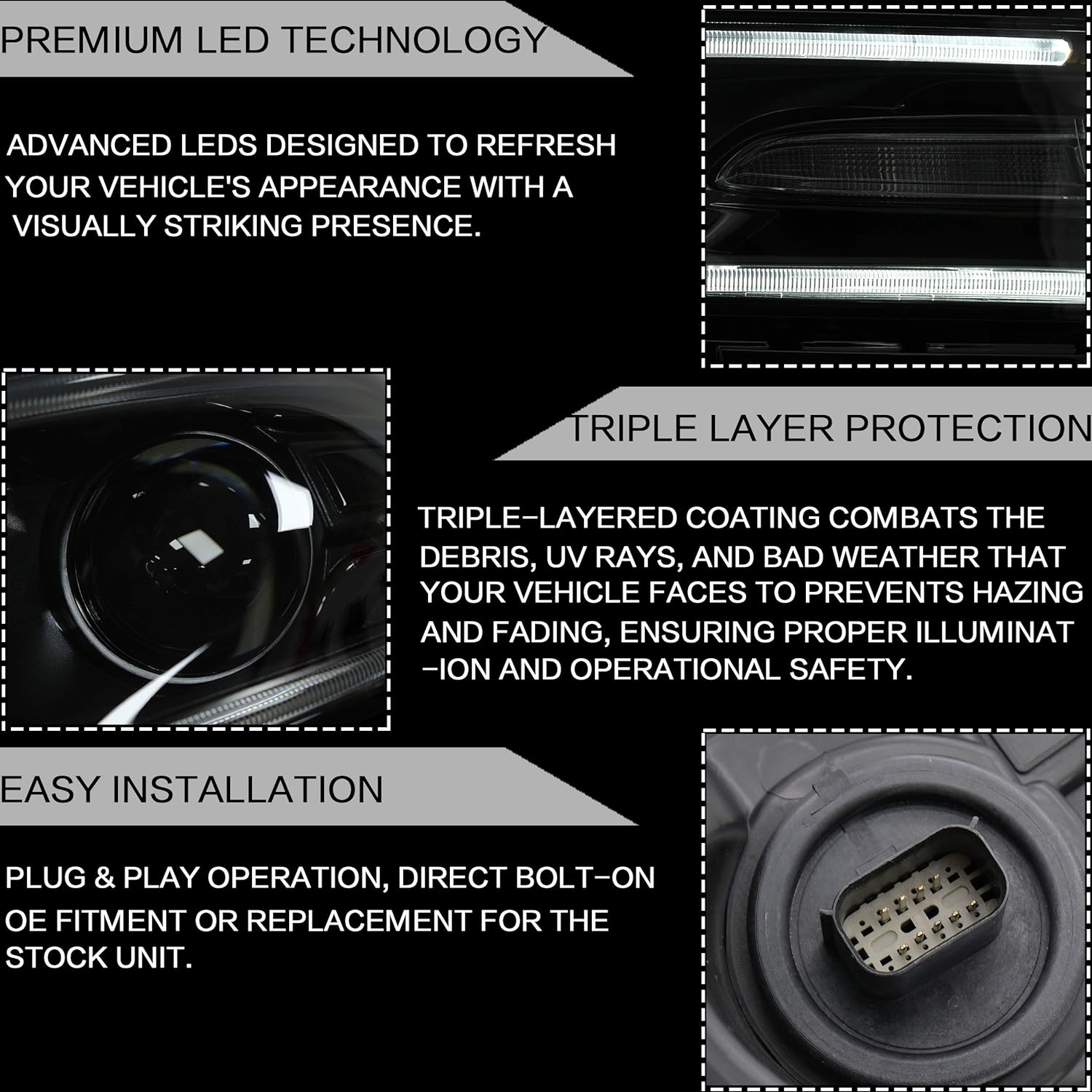 VLAND Headlight Assembly Fits for Dodge Charger 2015-2020(Not for Xenon Models), LED Headlamp Projectors with Dual Beam Lens, Plug-and-play