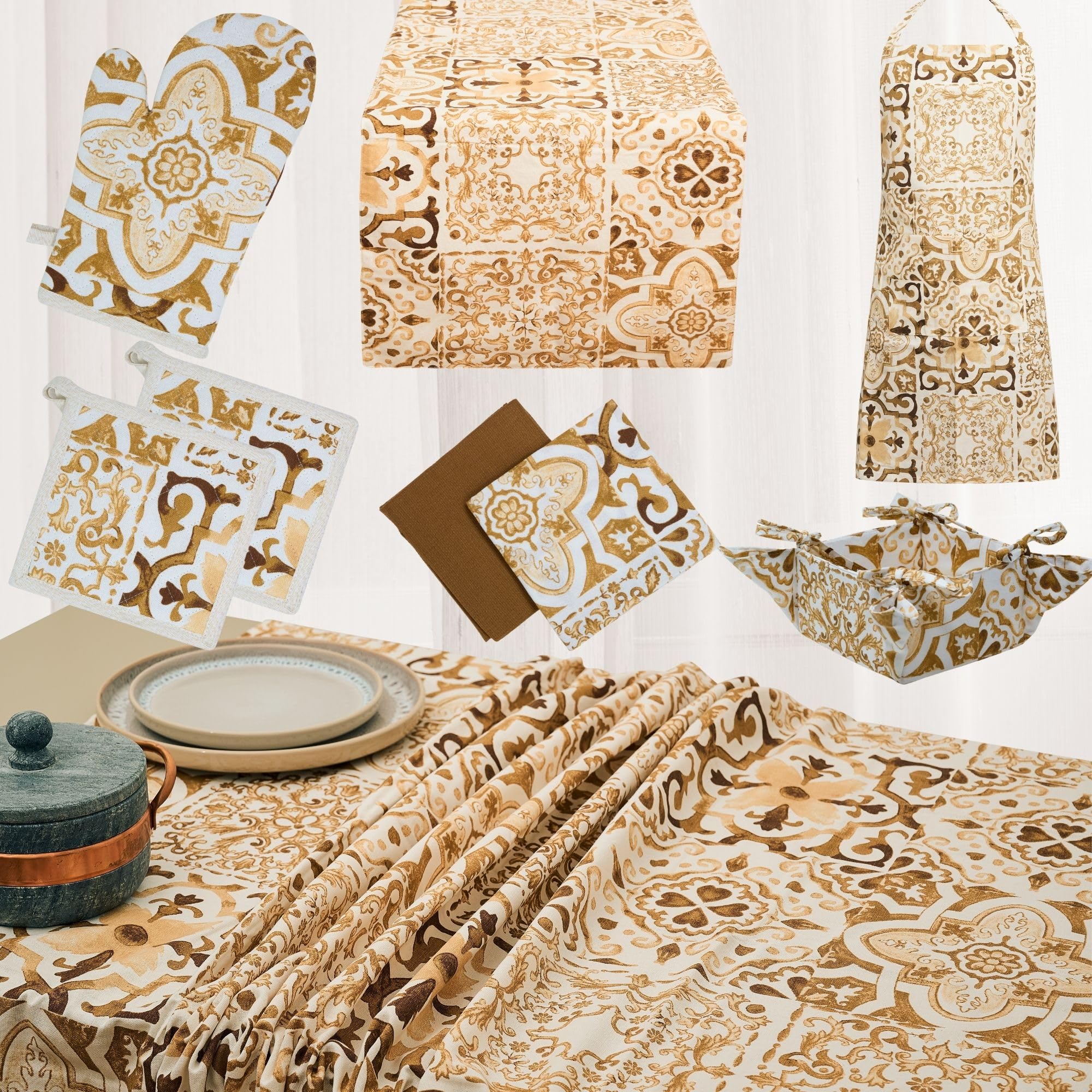 NAMAI - Set 9 Pezzi Excalibur, 100% Cotone, Lavabili in Lavatrice, Resistenti al Calore, Tovaglia Cotone 160x300, Runner Tavolo, Set Presine da Cucina e Strofinacci (Set Con Tovaglia 160x300)