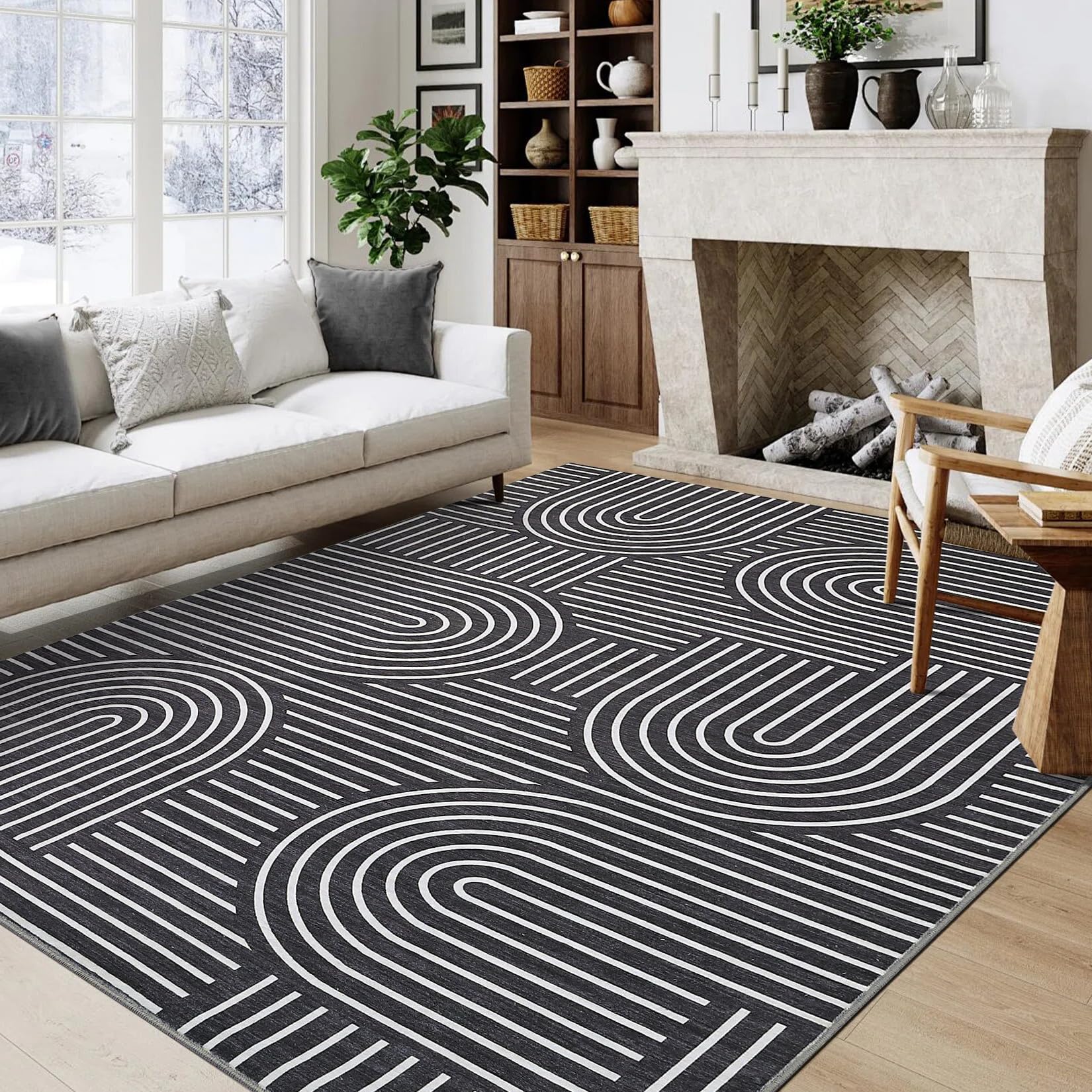 LuxFocus Großer Wohnzimmer-Teppich 200x290 cm, Rutschfester Kurzflor mit geometrischem Linien-Design, modernes strukturiertes Muster für Esszimmer & Lounge, Schwarz