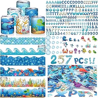 Kosiz Ocean Colorful Bulletin Board Decoration Set 118 ft Scalloped Bulletin Board Borders Classroom Poster Border Trim with 257 Pcs Letter Number Symbol Cutout for School Decor