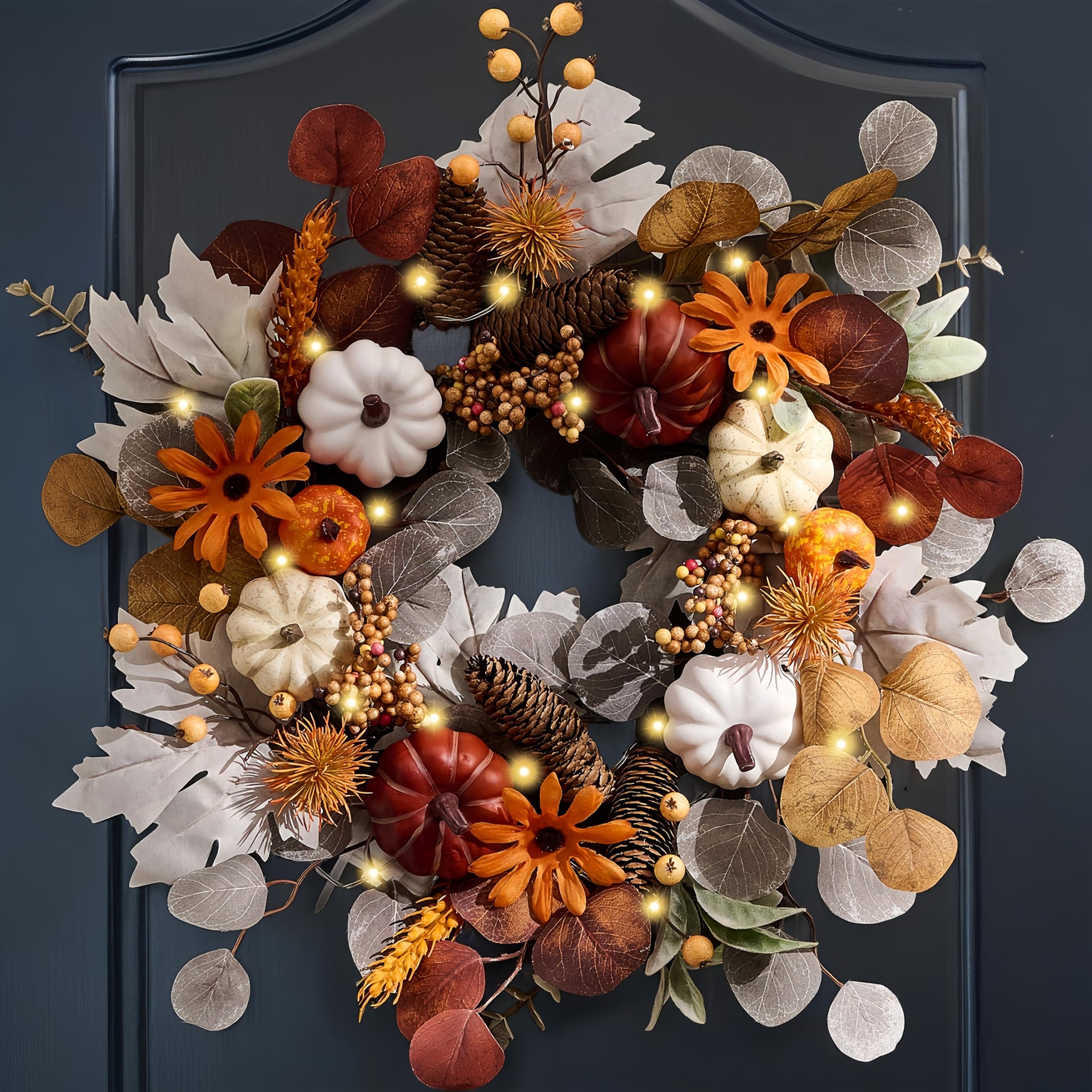 Couronne d'automne lumineuse 45cm Valery Madelyn avec citrouilles blanches et feuilles d'érable