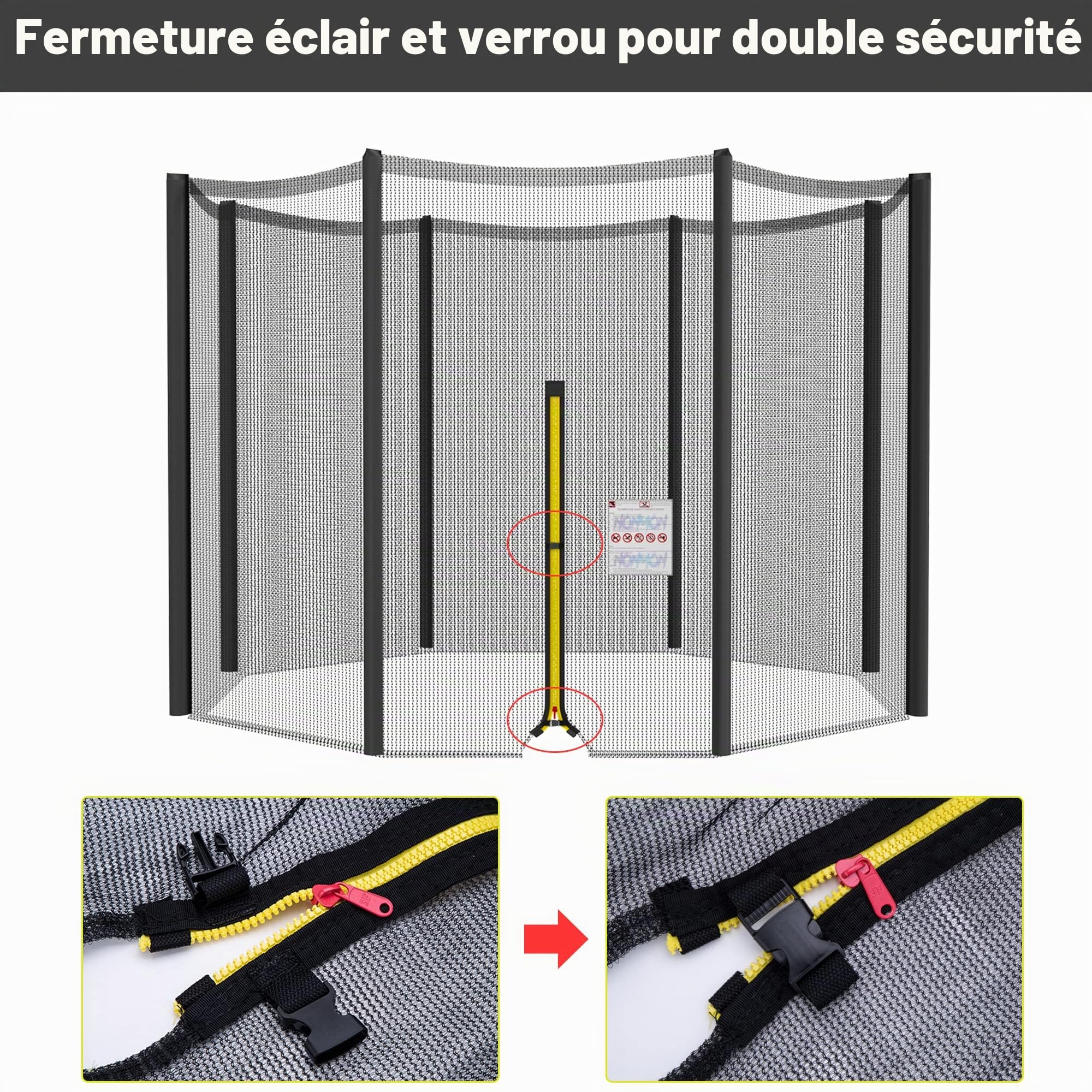 NONMON Filet de Trampoline Ø 244 305 366 397 423 cm, Filet Remplacement de Sécurité pour Trampolines 6 8 Barres, Filet de Protection Résistant aux UV avec Fermeture Éclair - Noir Bleu Vert Rose