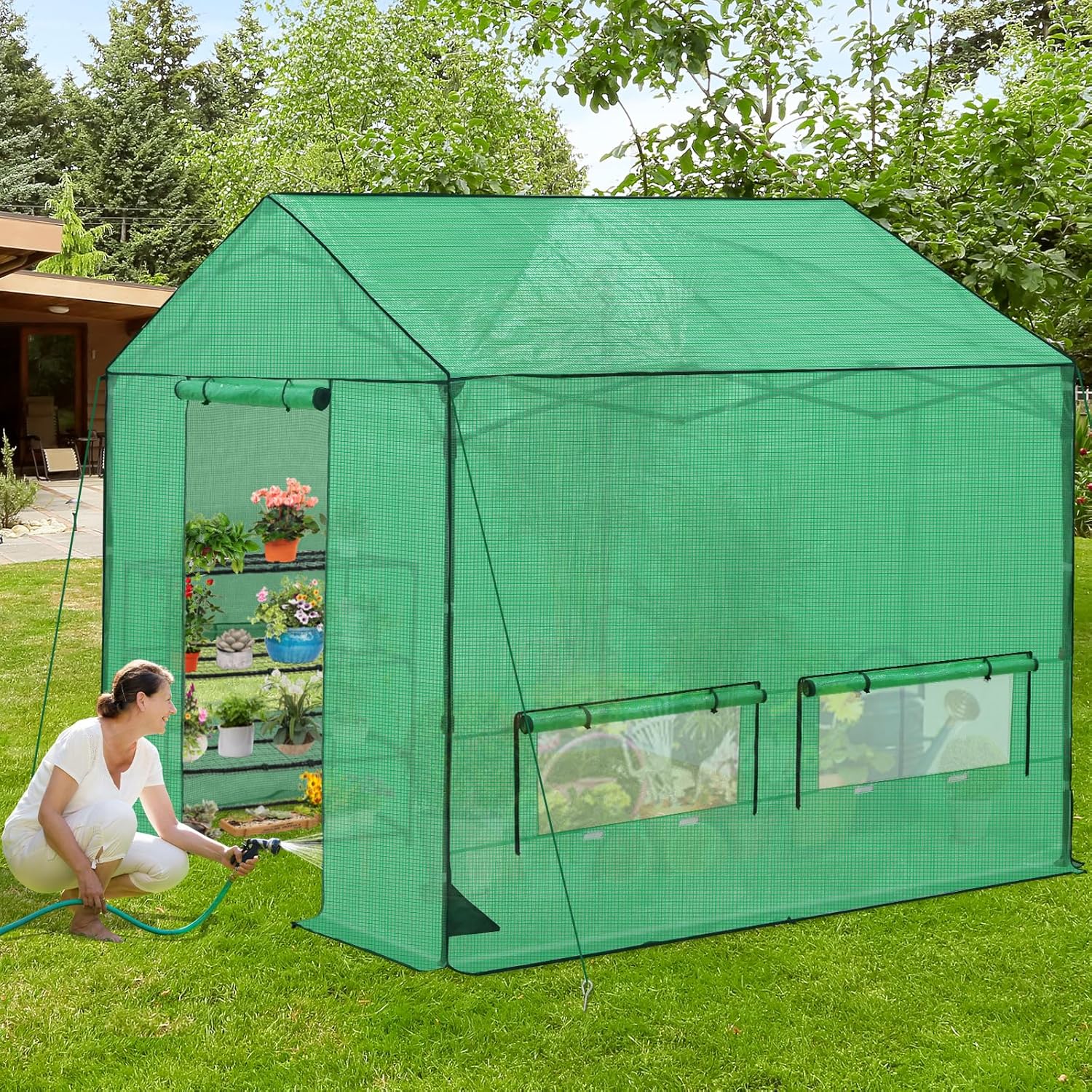 10x10 Pop Up Greenhouse, Instant Walk in Green House with PE Cover, Power Ports, Roll up Doors & Windows for Indoor Outdoor Plant Growing, Green