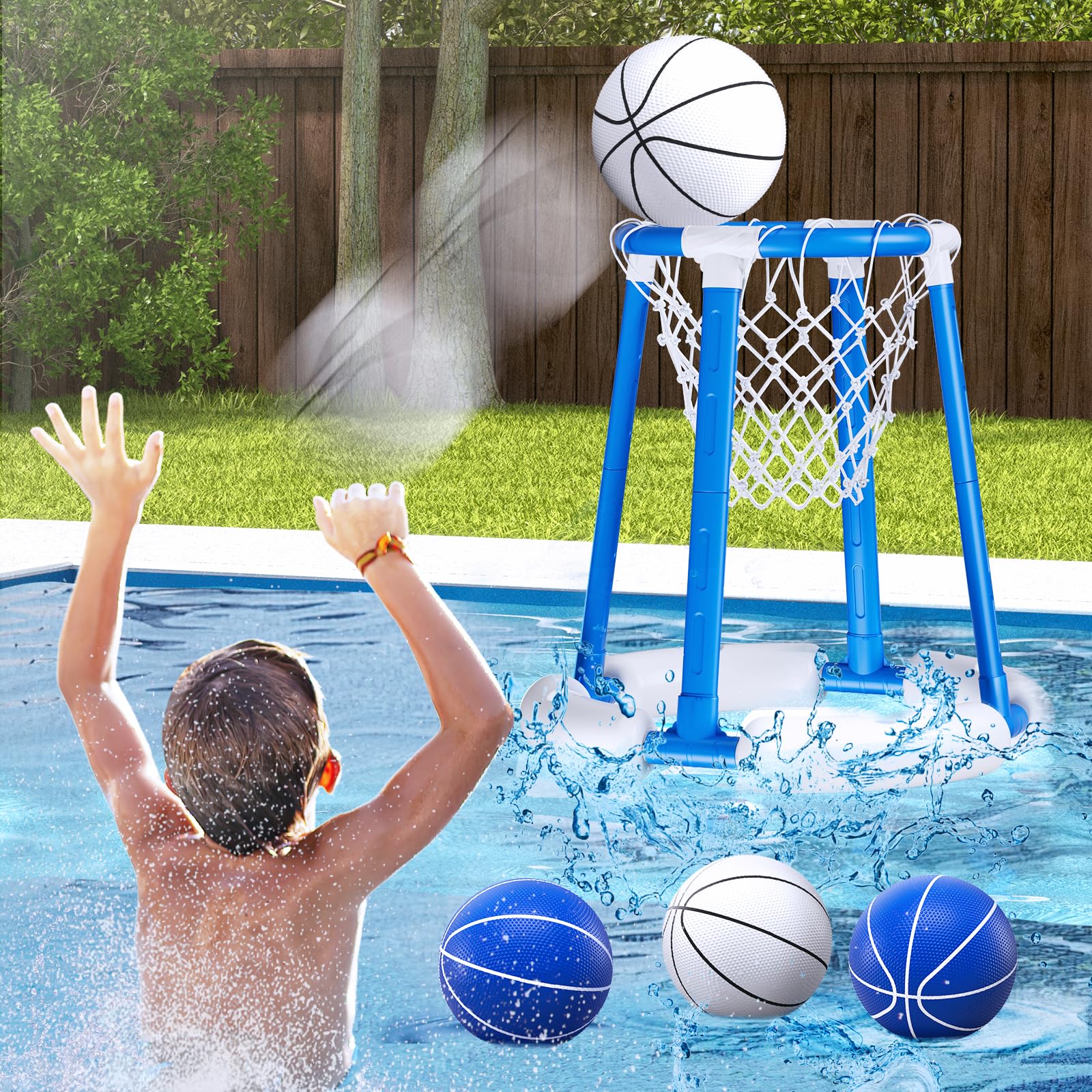 HYES Pool Basketball Hoop Poolside, Floating Pool Toys with 4 Basketballs/4 Water Balloons/Pump, Swimming Pool Games for Kids & Adults Indoor Outdoor Play, Blue