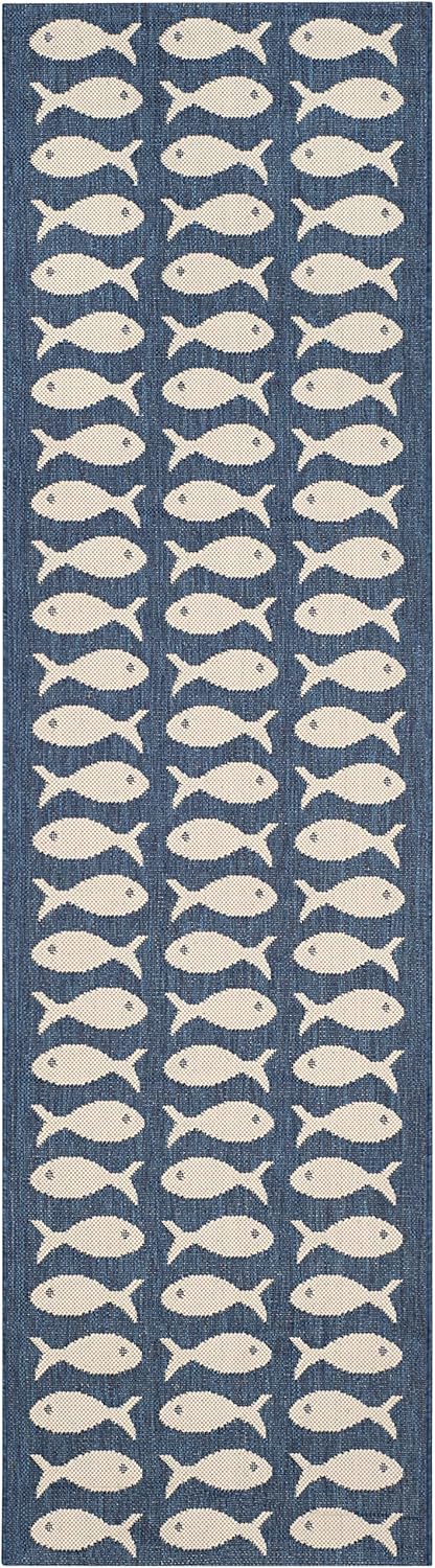 Navy and Beige Fish Pattern Indoor/Outdoor Runner Rug