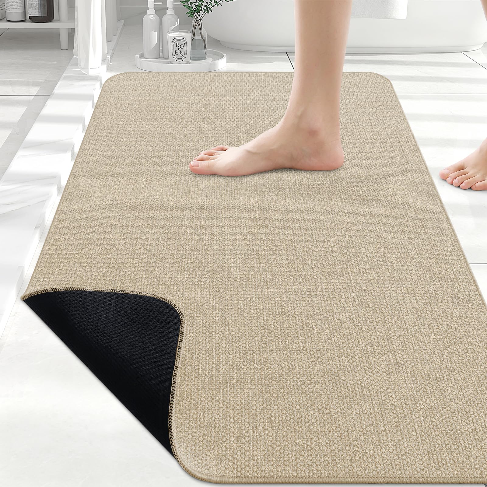 Smiry Ultra Thin Bath Mat 30x20, Non Slip Rubber Washable Bathroom Rugs