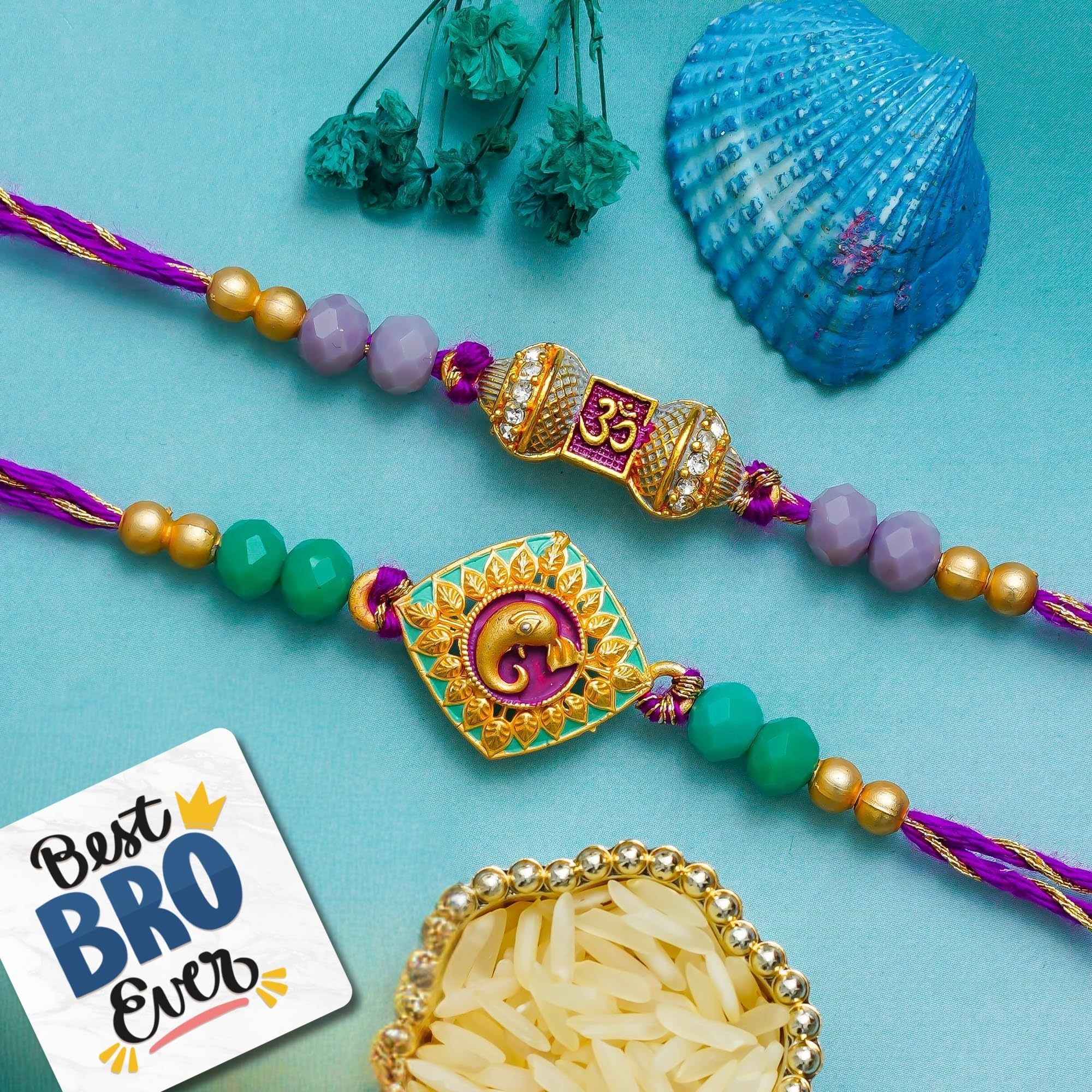 eCraftIndia Set of 2 Om Ganesha Rakhis | Best Bro Ever Fridge Magnet | Roli Chawal Pack | Designer Rakhi for Brother Bhaiya Bhai Bhabhi Kids